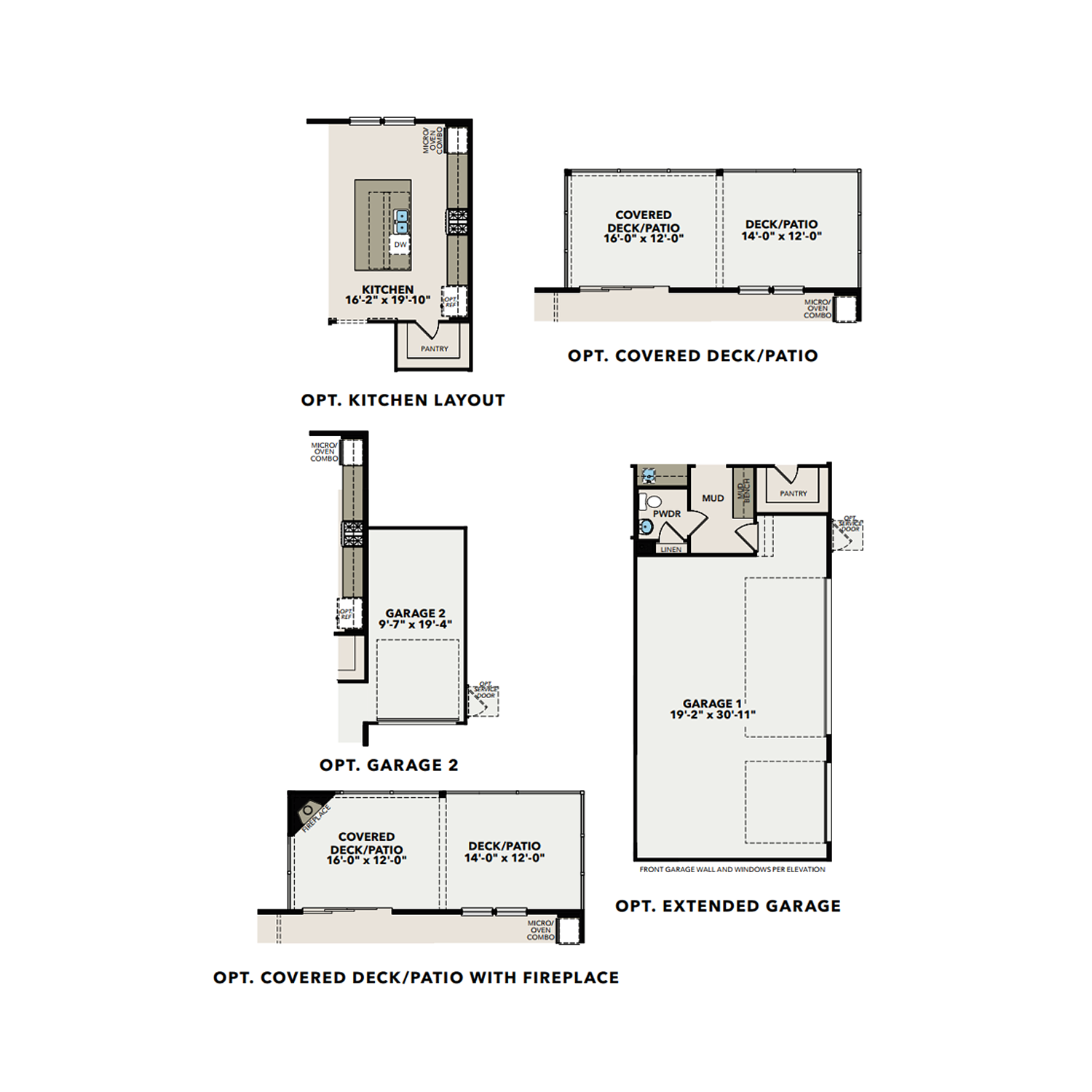 Optional kitchen, garage, and deck/patio floor plan layouts for The Arlington A home design in East Cobb