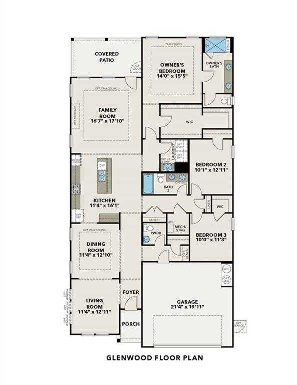 Glenwood A floor plan: 3-bed, 2.5-bath, 2,200 sq ft layout with open kitchen, family room, owner's suite, and 2-car garage in Loganville, GA