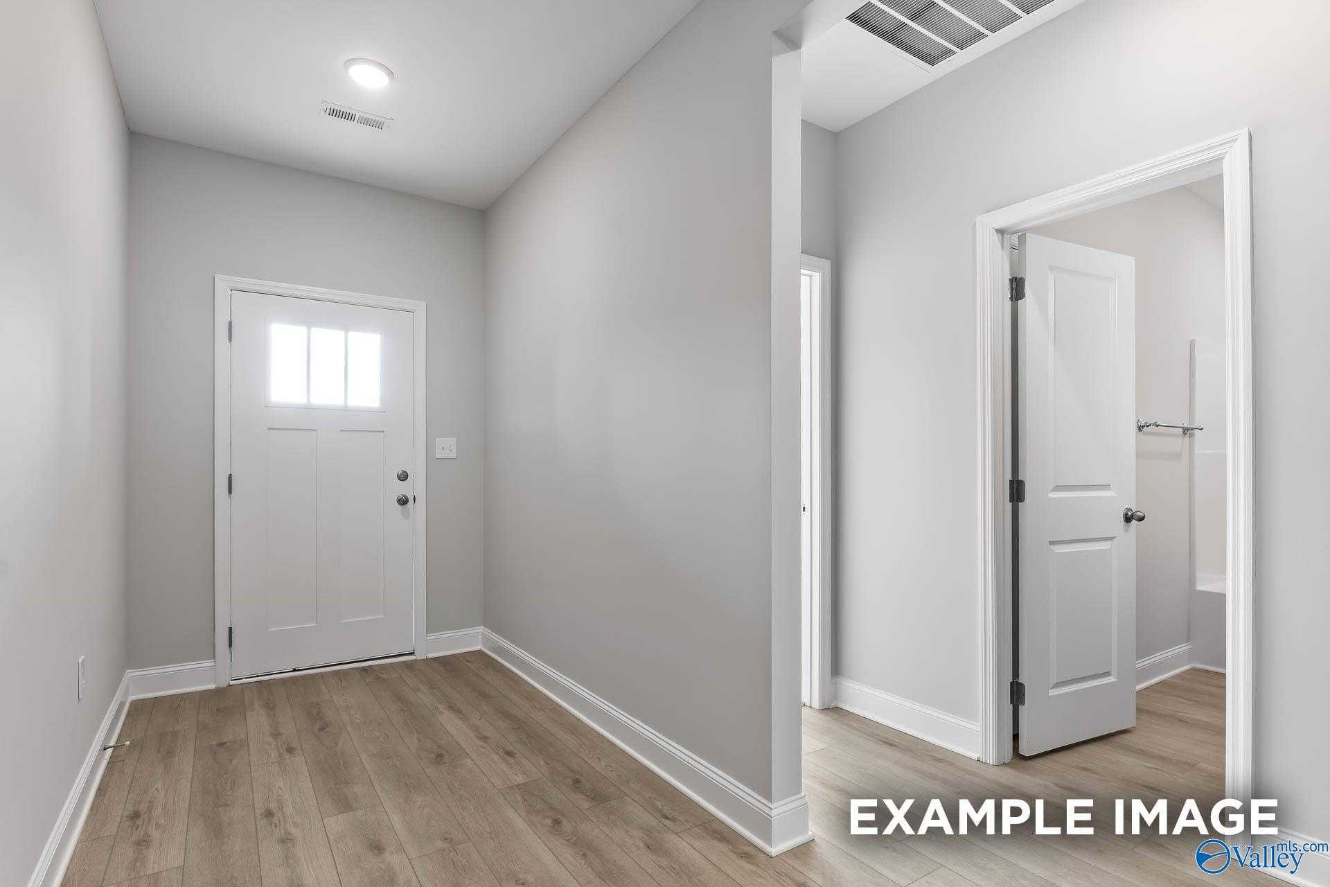 Bright entry hallway with white front door, open bedroom access, hardwood floors and neutral walls in The Daphne C, New Market, AL