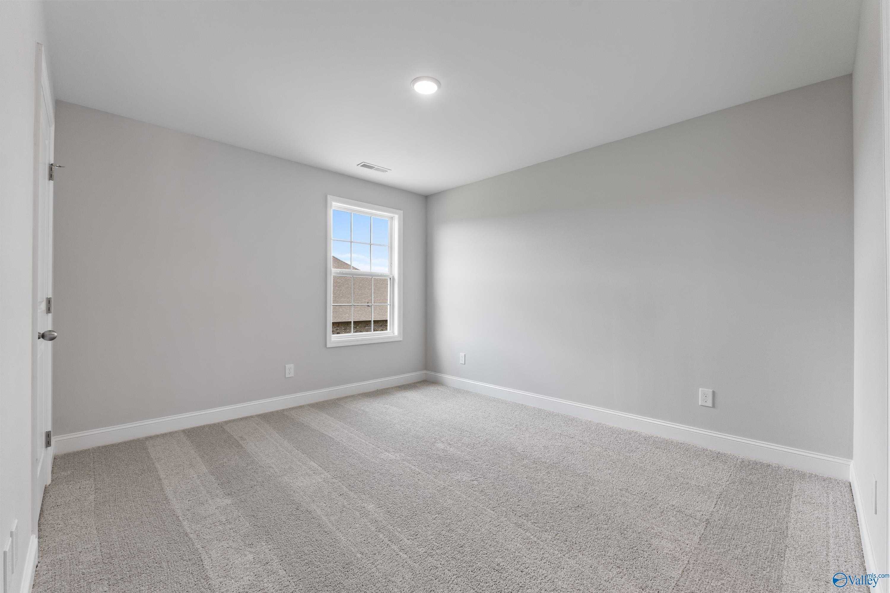 Empty secondary bedroom featuring gray walls, plush carpet flooring, and double-hung window in Davidson Homes The Madison A, Toney, Alabama