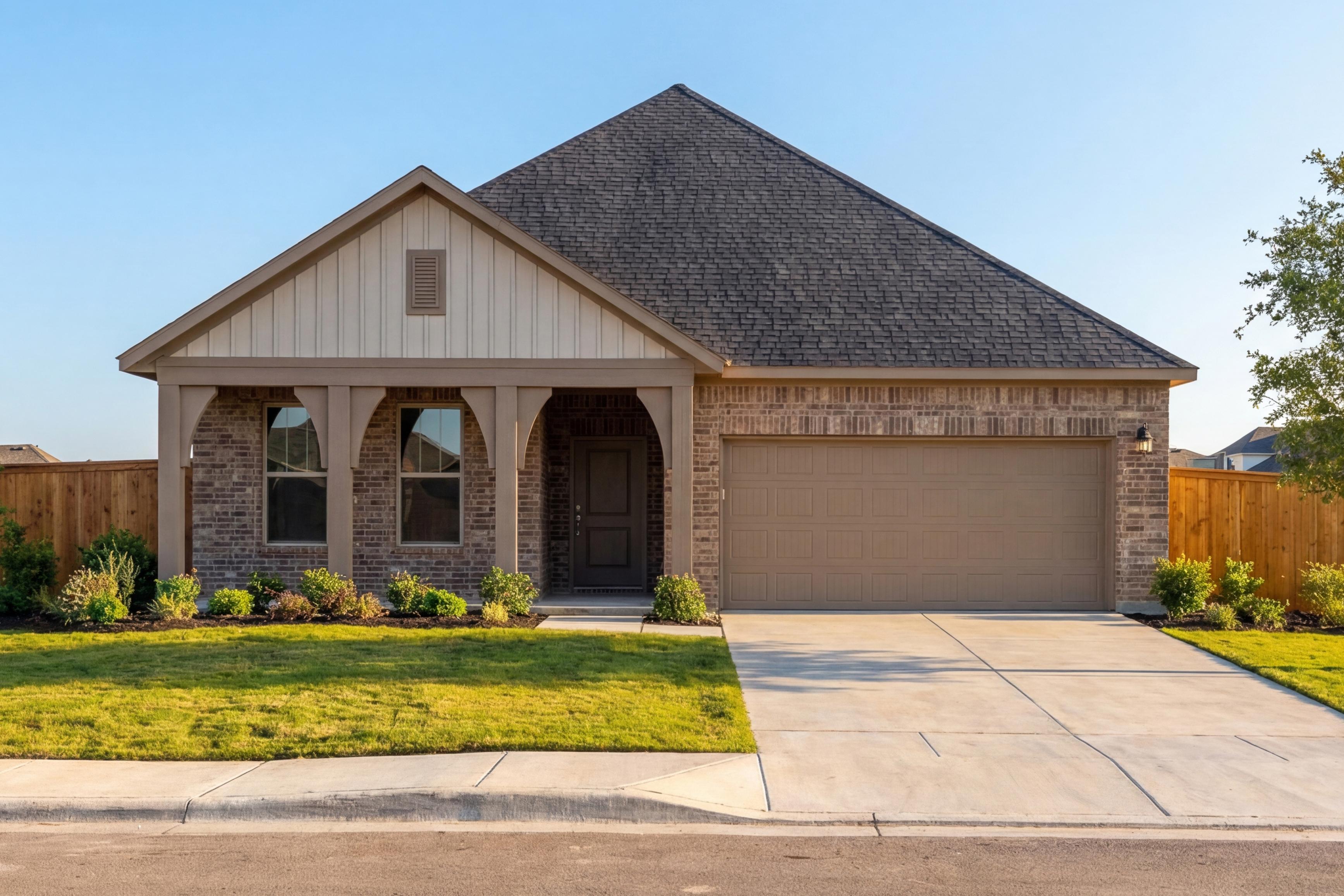 Modern single-story front elevation of The Laurel G showcasing brick and siding exterior, arched porch, 2-car garage, and landscaped yard