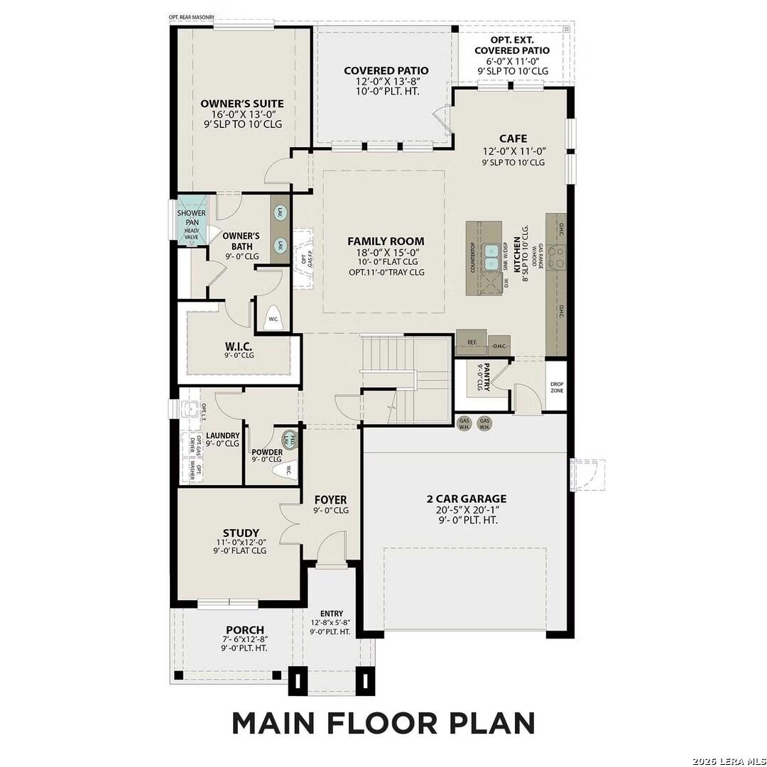 First-floor plan for Davidson Homes The Sequoia C in Royal Crest, San Antonio, featuring an open kitchen and owner's suite.