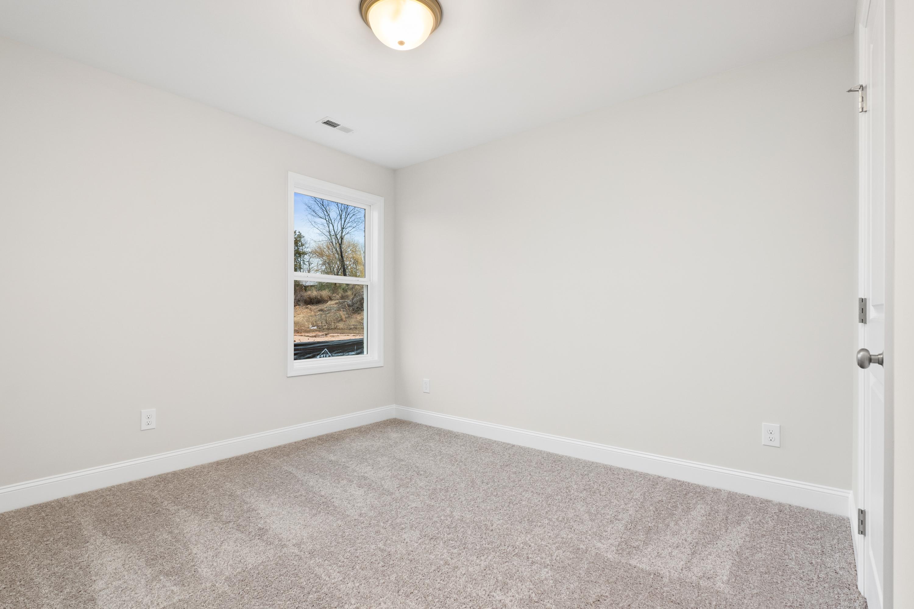 Spacious bedroom in The Asheville home design with neutral beige walls, plush carpet, large window, and modern ceiling light