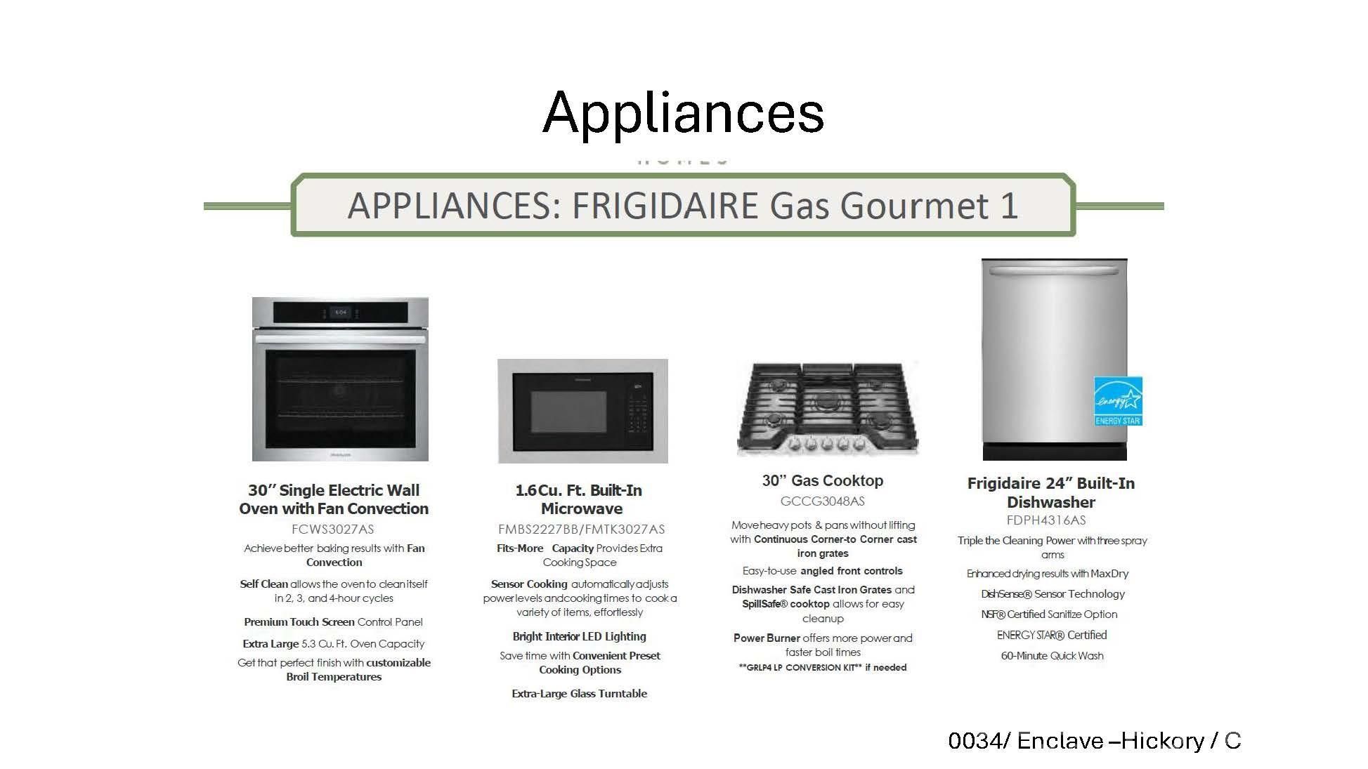 Frigidaire Gas Gourmet appliance package with wall oven, microwave, gas cooktop, and Energy Star dishwasher in The Hickory C II floor plan