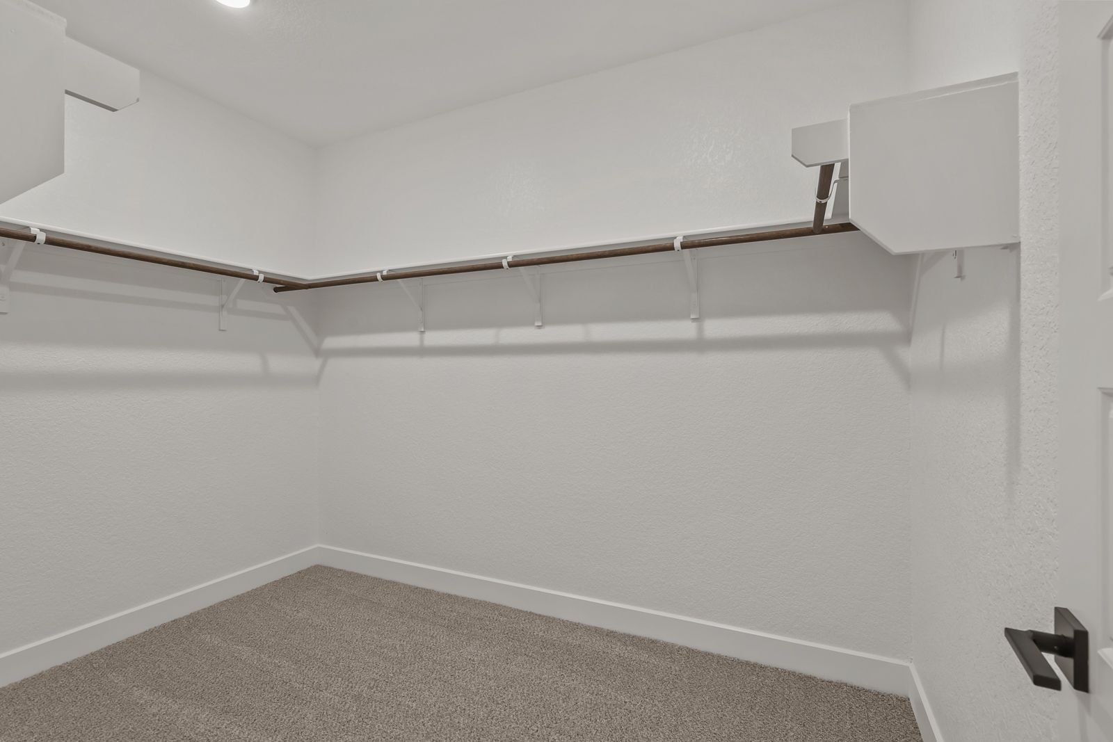 Spacious walk-in closet in The Belmont master suite featuring wall-to-wall shelving and plush carpeting.