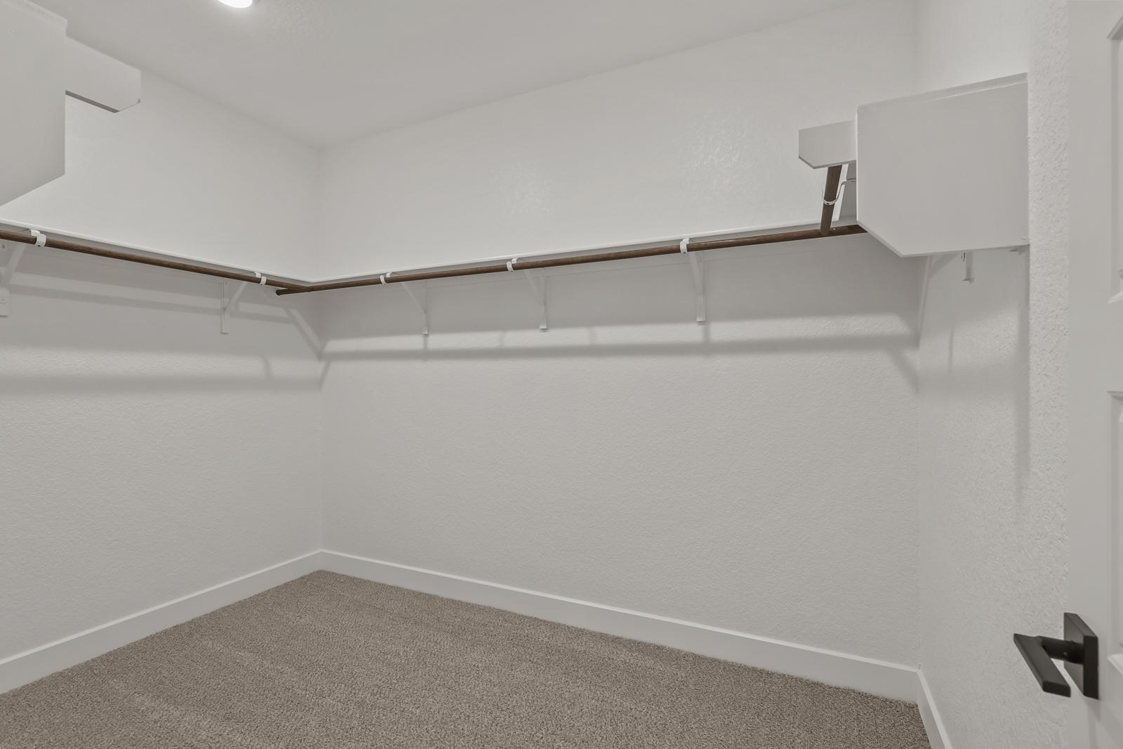 Spacious walk-in closet in The Belmont master suite featuring wall-to-wall shelving and plush carpeting.