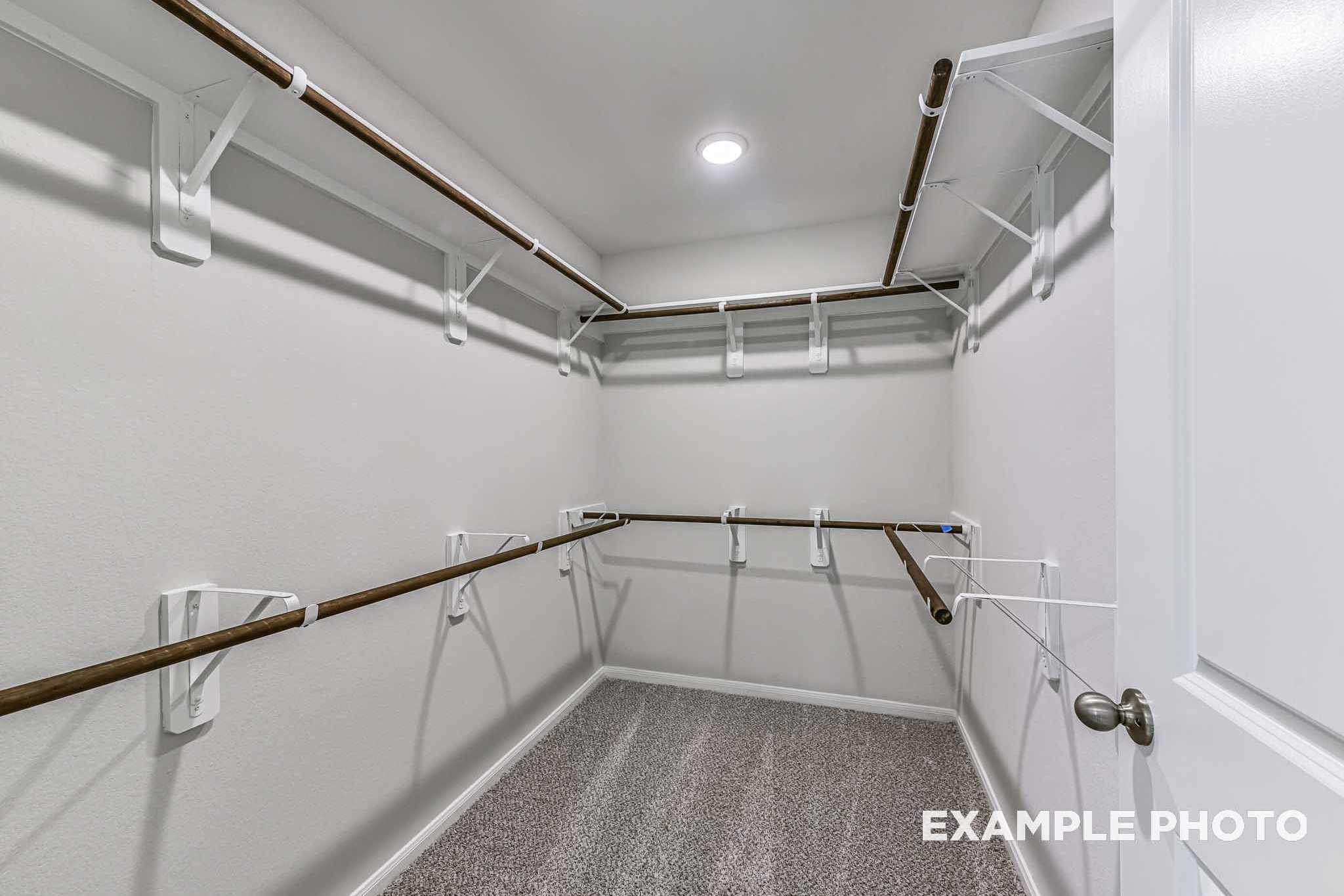 Spacious walk-in closet in The Costa C with wooden hanging rods, white shelving, and carpeted floor