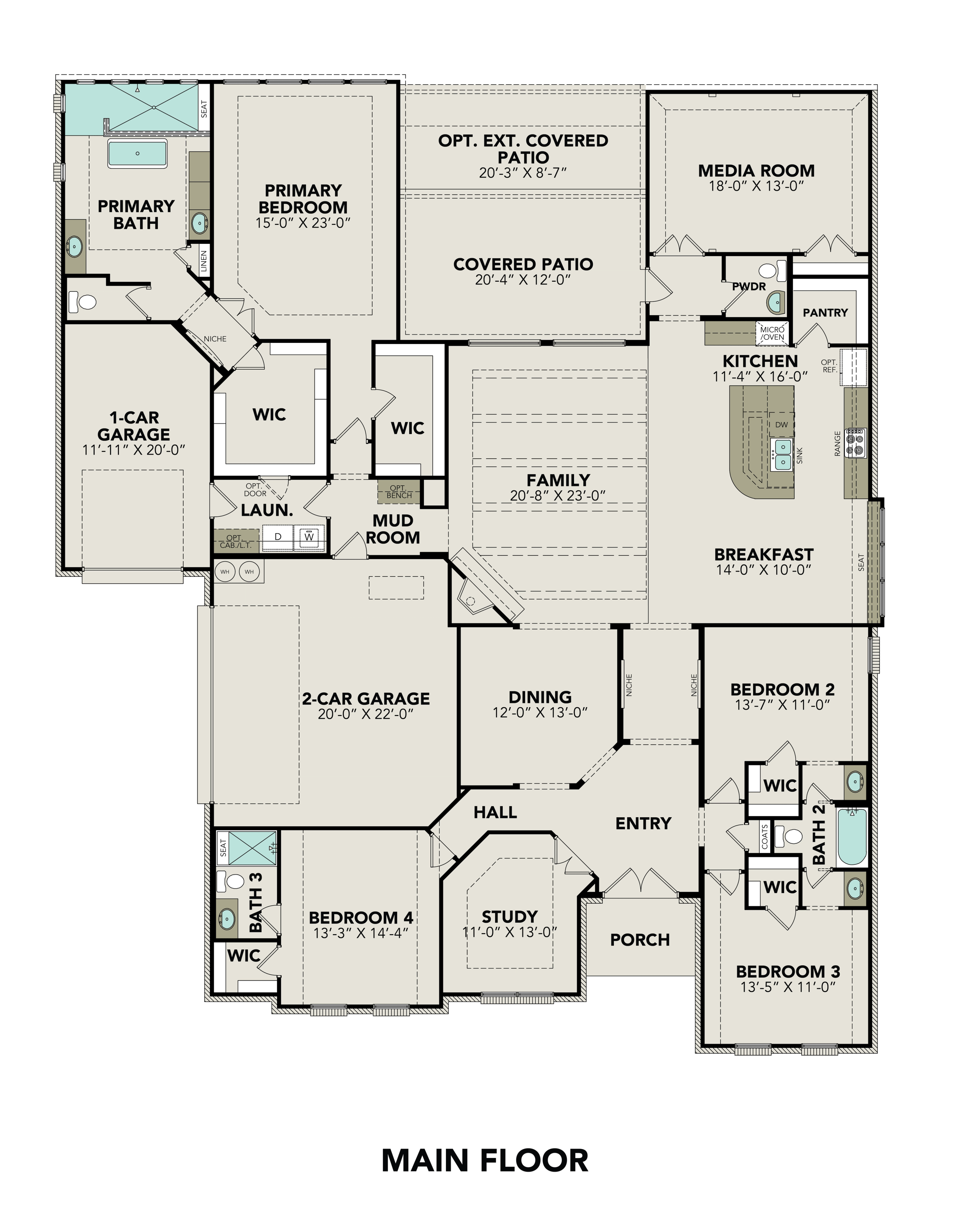 Spacious main floor plan of The Summerlin B by Davidson Homes featuring primary suite, open kitchen-family area, 4 bedrooms, and 3-car garage