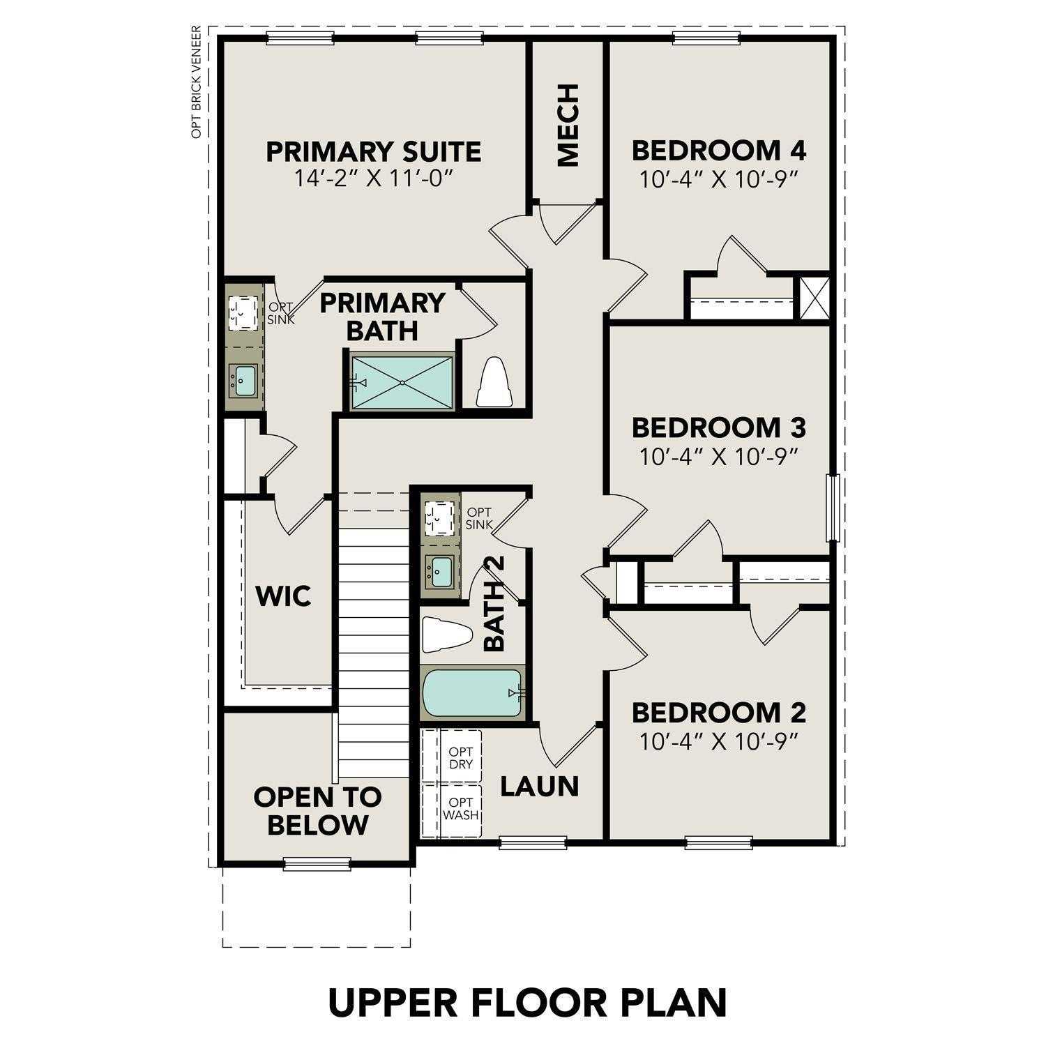 Upper floor plan of The Trinity F: primary suite 14'x11", bedrooms 10'x9"-10'x10', baths, WIC in Davidson Homes, Magnolia, TX