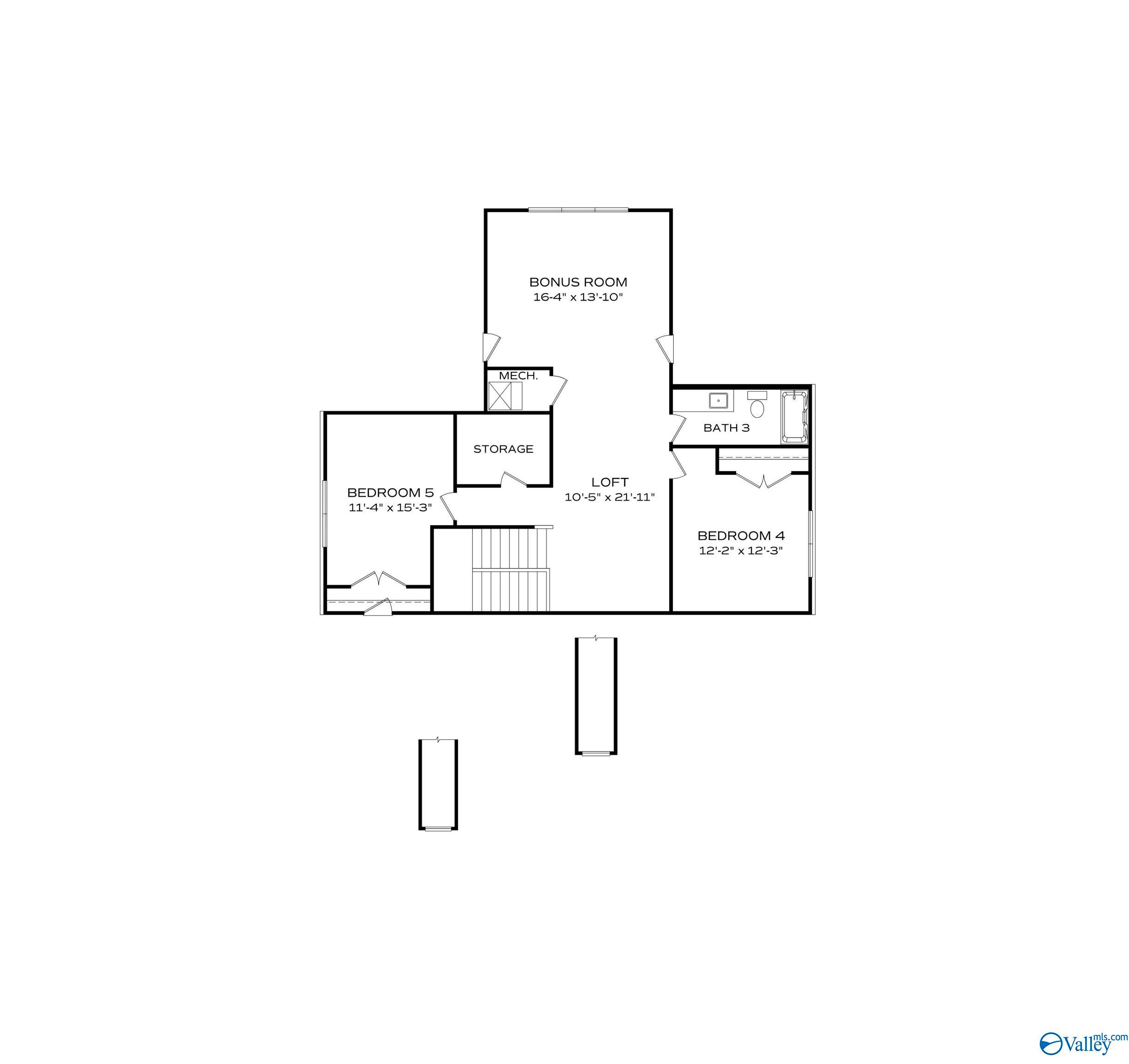 Upper level floor plan of The Oxford: bonus room 18x17 ft, loft, bedroom 3 12x11 ft, bedroom 4, baths in 5-bed Evermore home, Owens Cross Roads, AL