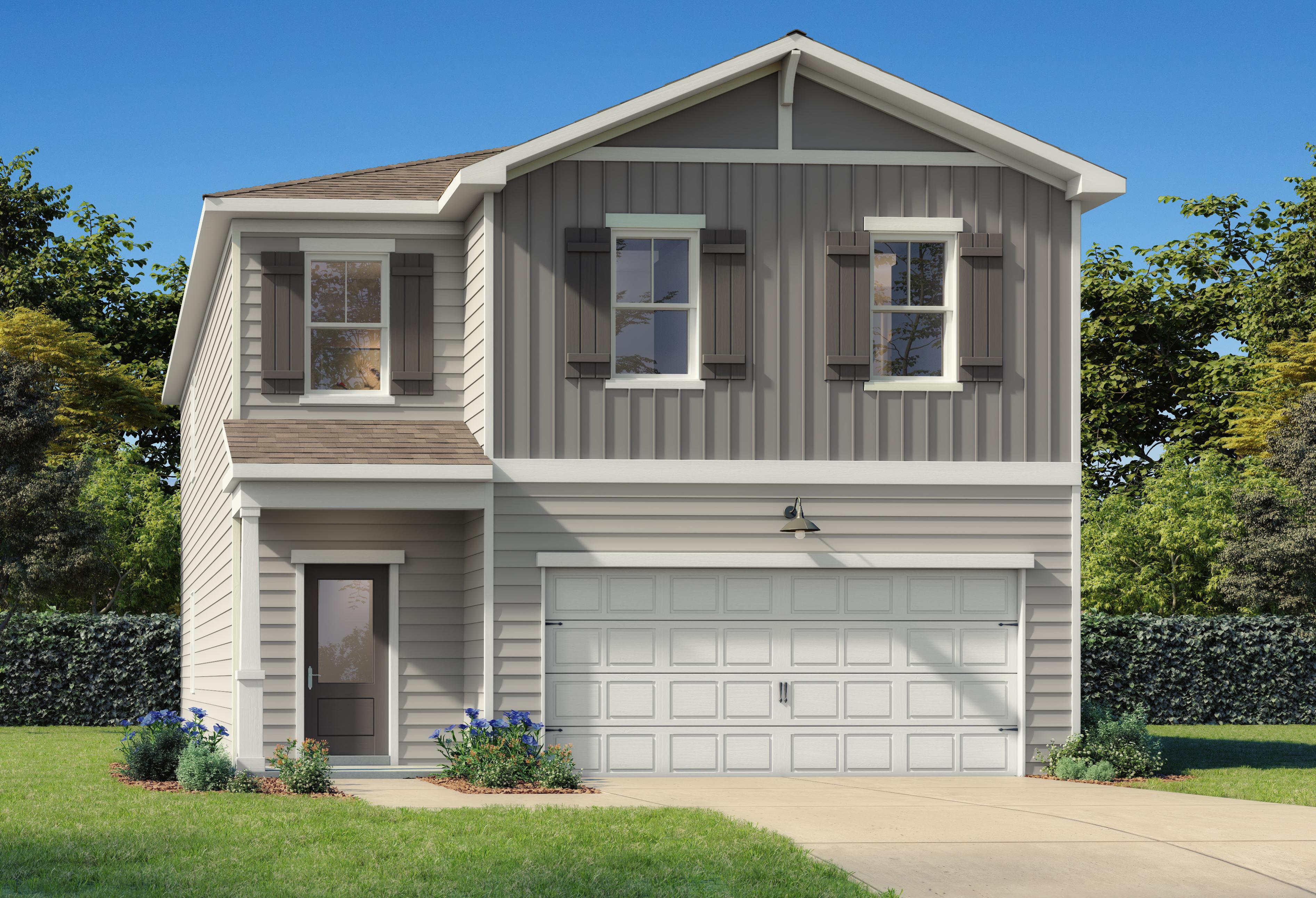 Modern two-story Rabun B home elevation with gray siding, white two-car garage, front porch, and landscaped yard in New Market AL