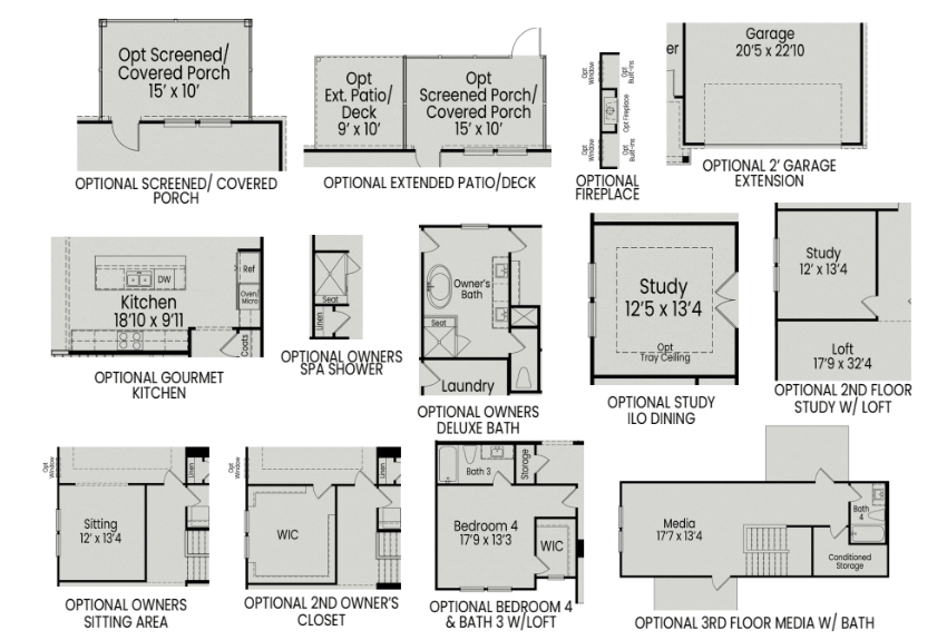 First floor plan of The Beech Davidson Homes showcasing gourmet kitchen, optional study, deluxe bath, and covered porch in Raleigh NC