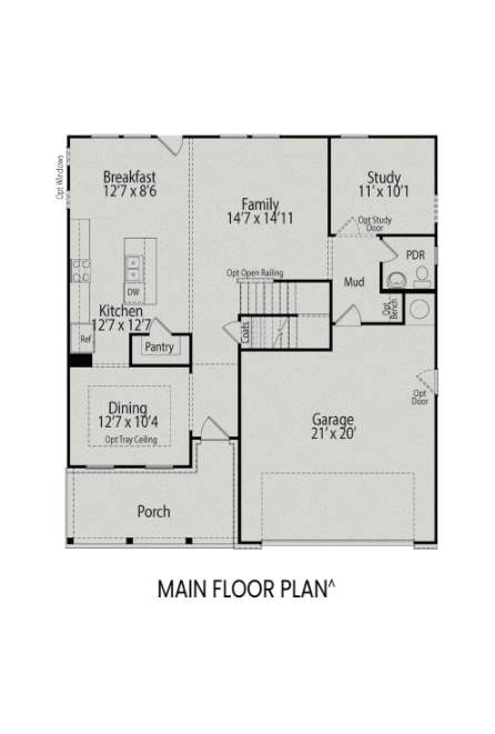 Main floor plan of The Willow B home design showcasing open kitchen, family room, dining area, study, and 2-car garage in Wendell NC
