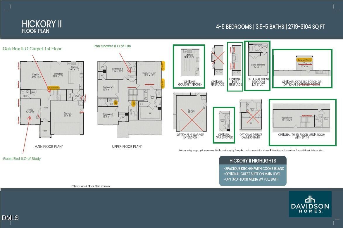 Hickory II C floor plan by Davidson Homes: 5-bed, 4-bath, 3,104 sq ft 3-story layout with garage in Wake Forest, NC