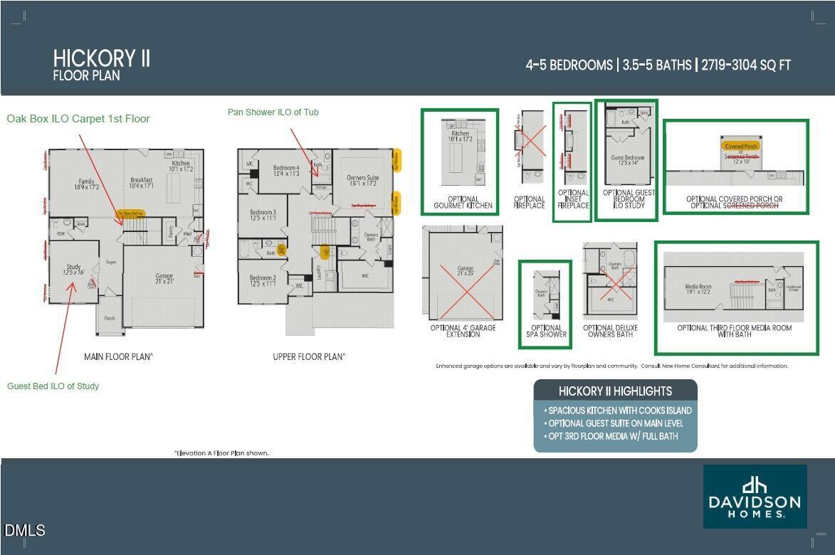 Hickory II C floor plan by Davidson Homes: 5-bed, 4-bath, 3,104 sq ft 3-story layout with garage in Wake Forest, NC