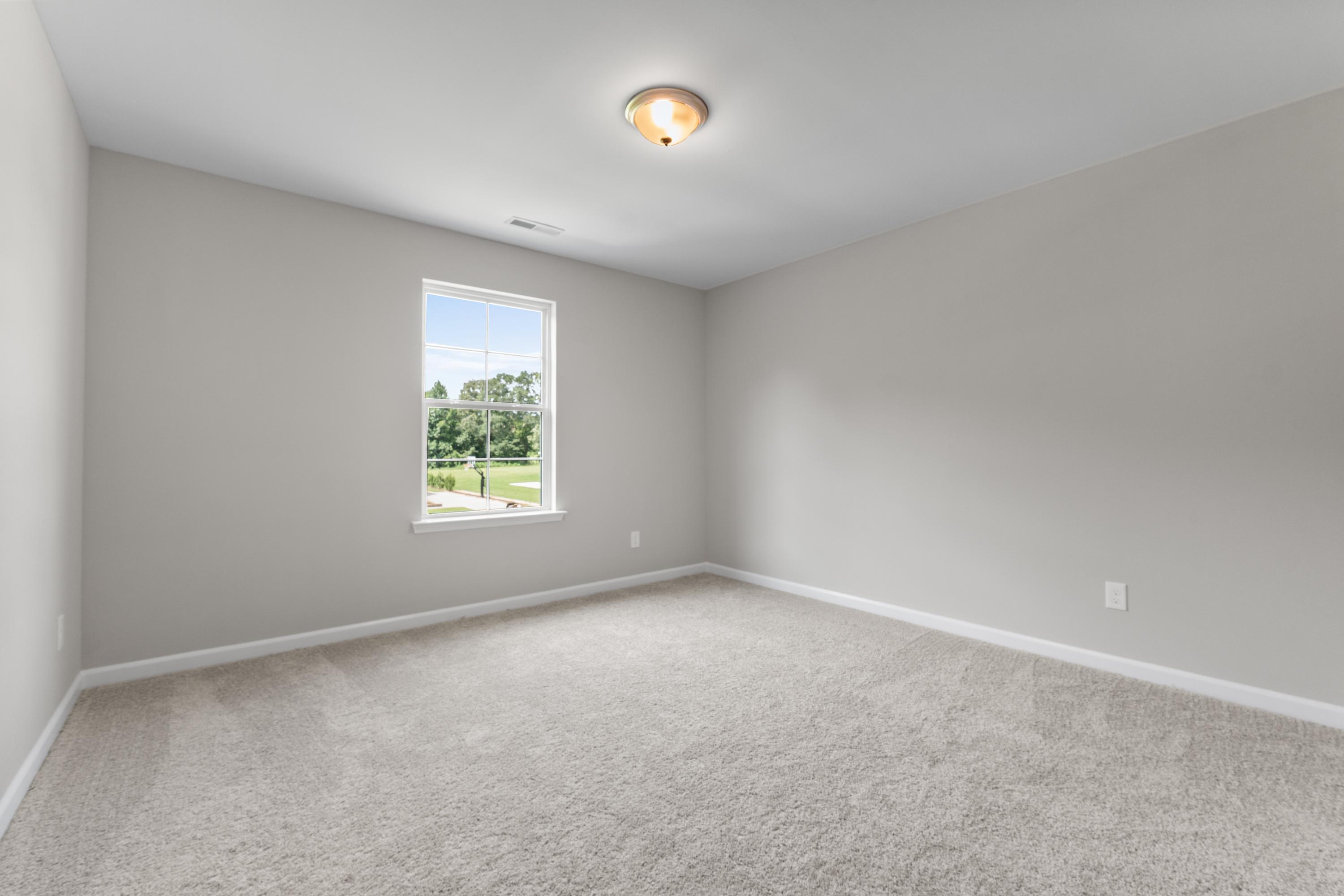 Spacious empty bedroom in The Avalon D with gray walls, beige carpet, large window overlooking green landscape, ceiling light