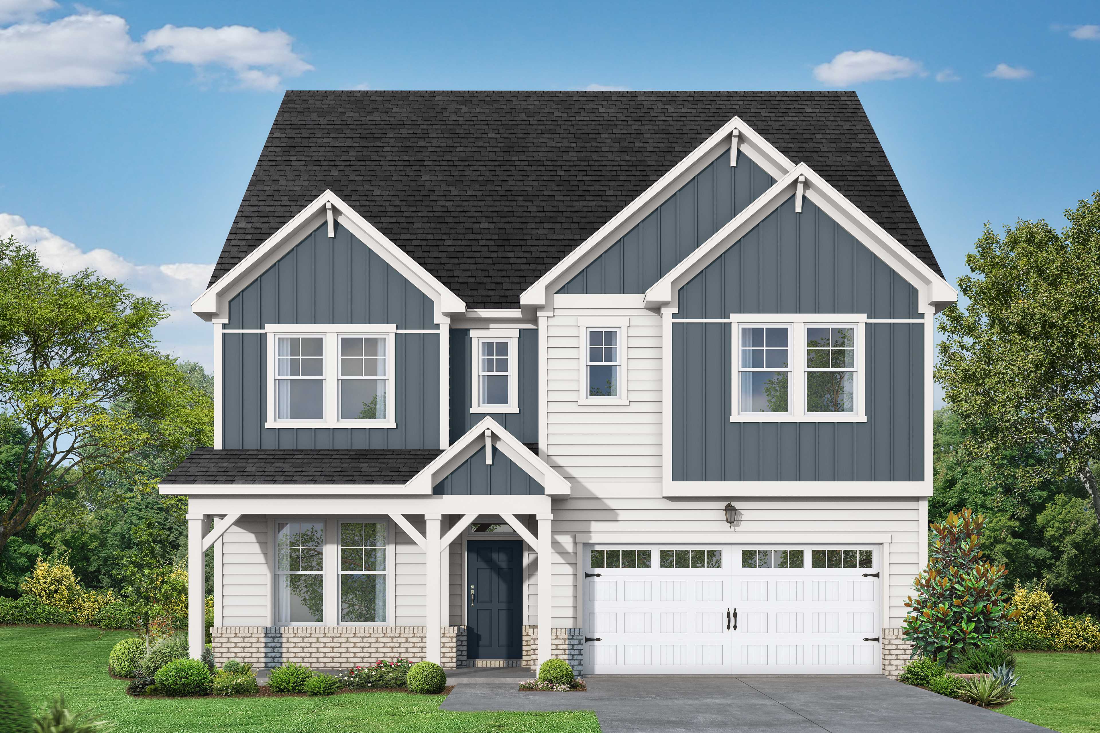 Two-story Beech B home elevation with slate blue siding, gabled roof, covered porch, and two-car garage in lush Raleigh landscape