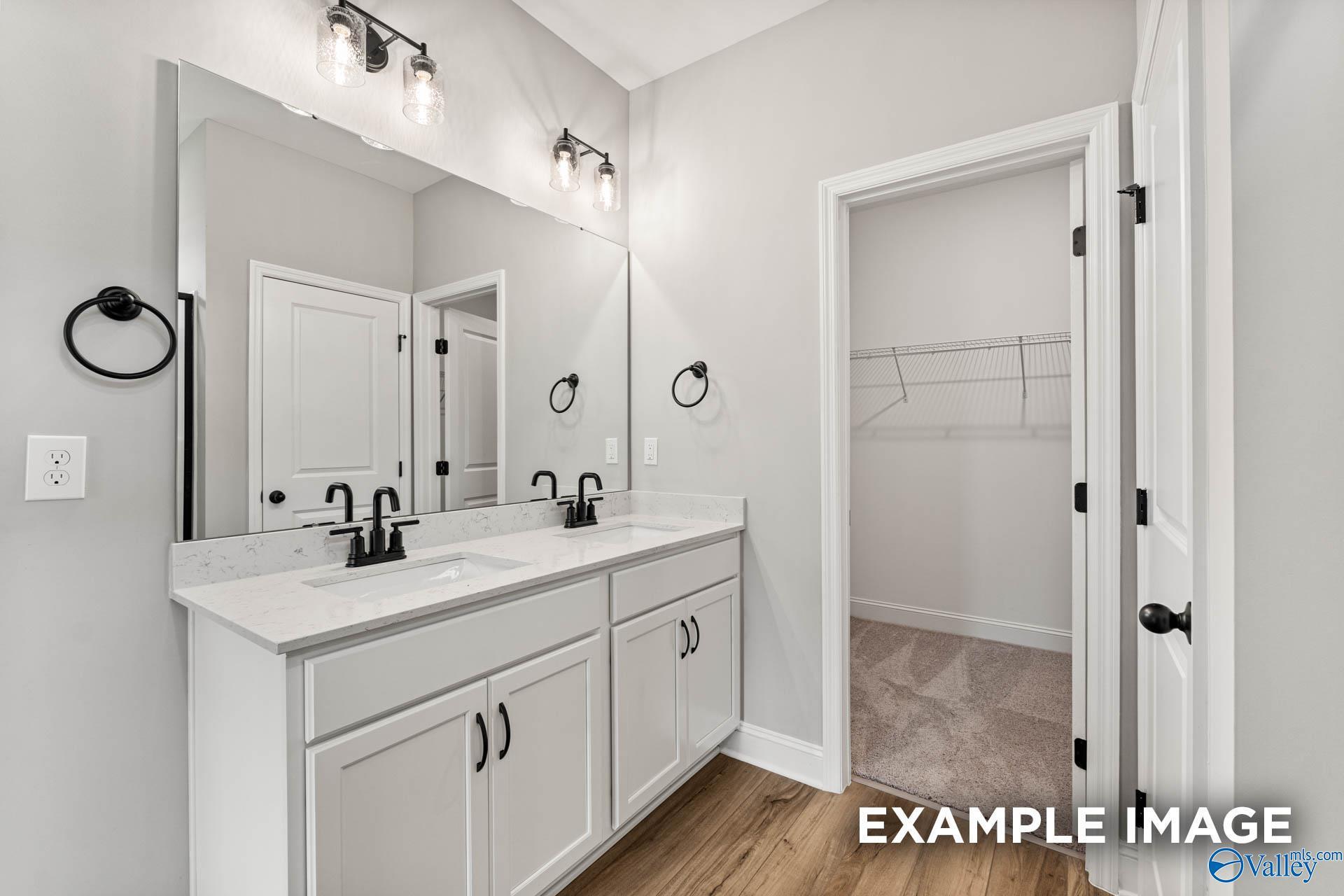 Double vanity bathroom with quartz countertops and walk-in closet in The Franklin C floor plan at Ricketts Farm, Athens.