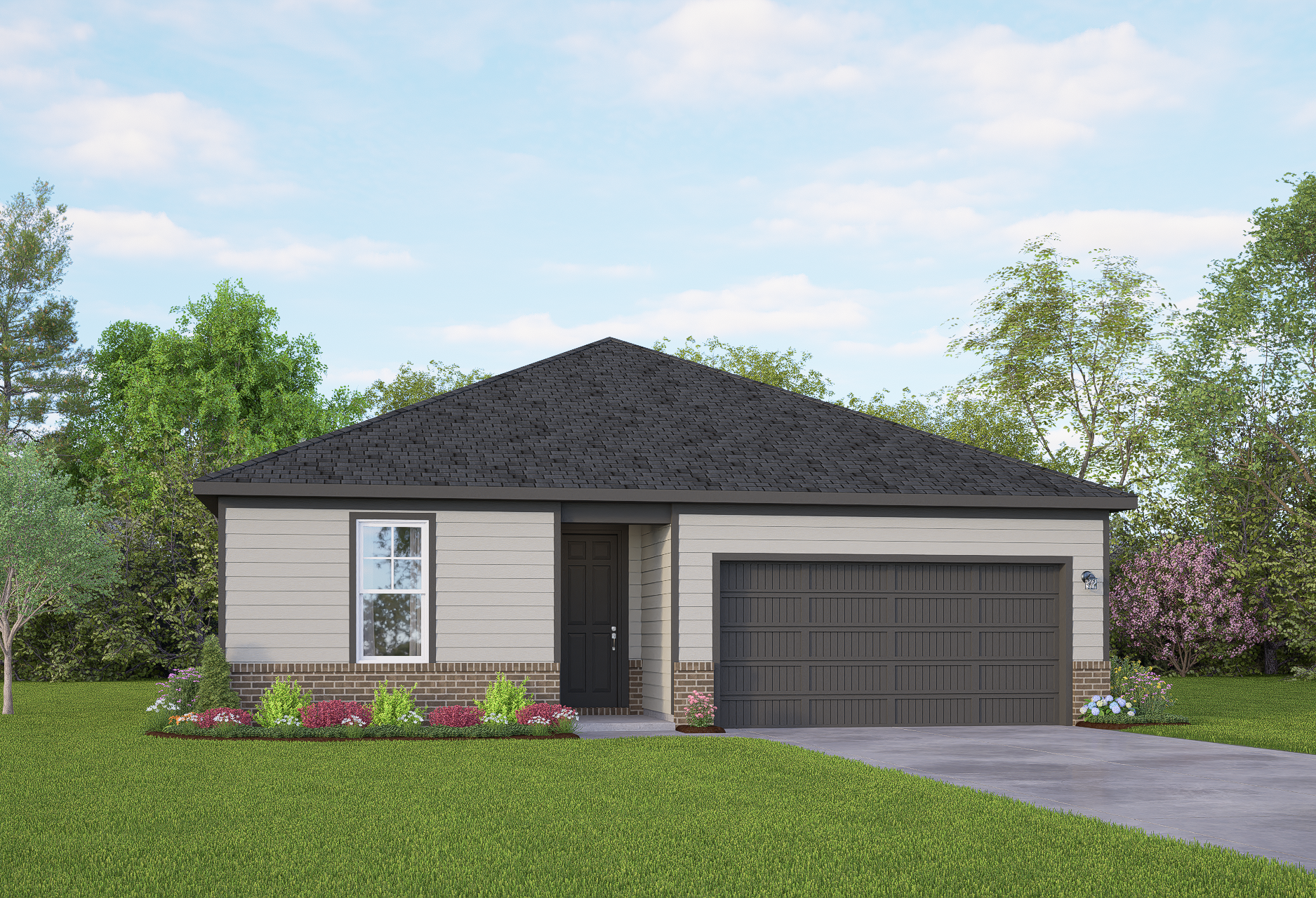 Single-story elevation of The Asheville 3-bedroom home by Davidson Homes with 2-car garage, brick accents, and landscaped yard in Seguin TX