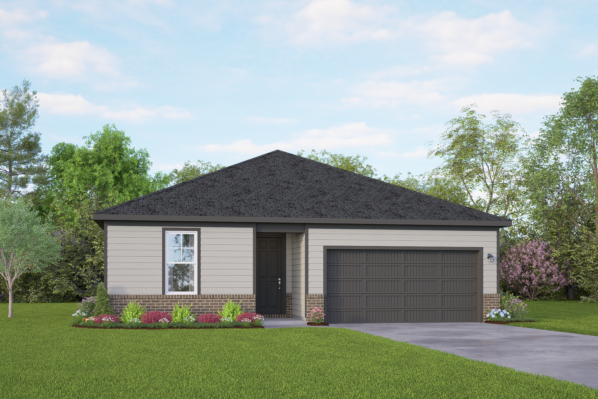 Single-story elevation of The Asheville 3-bedroom home by Davidson Homes with 2-car garage, brick accents, and landscaped yard in Seguin TX