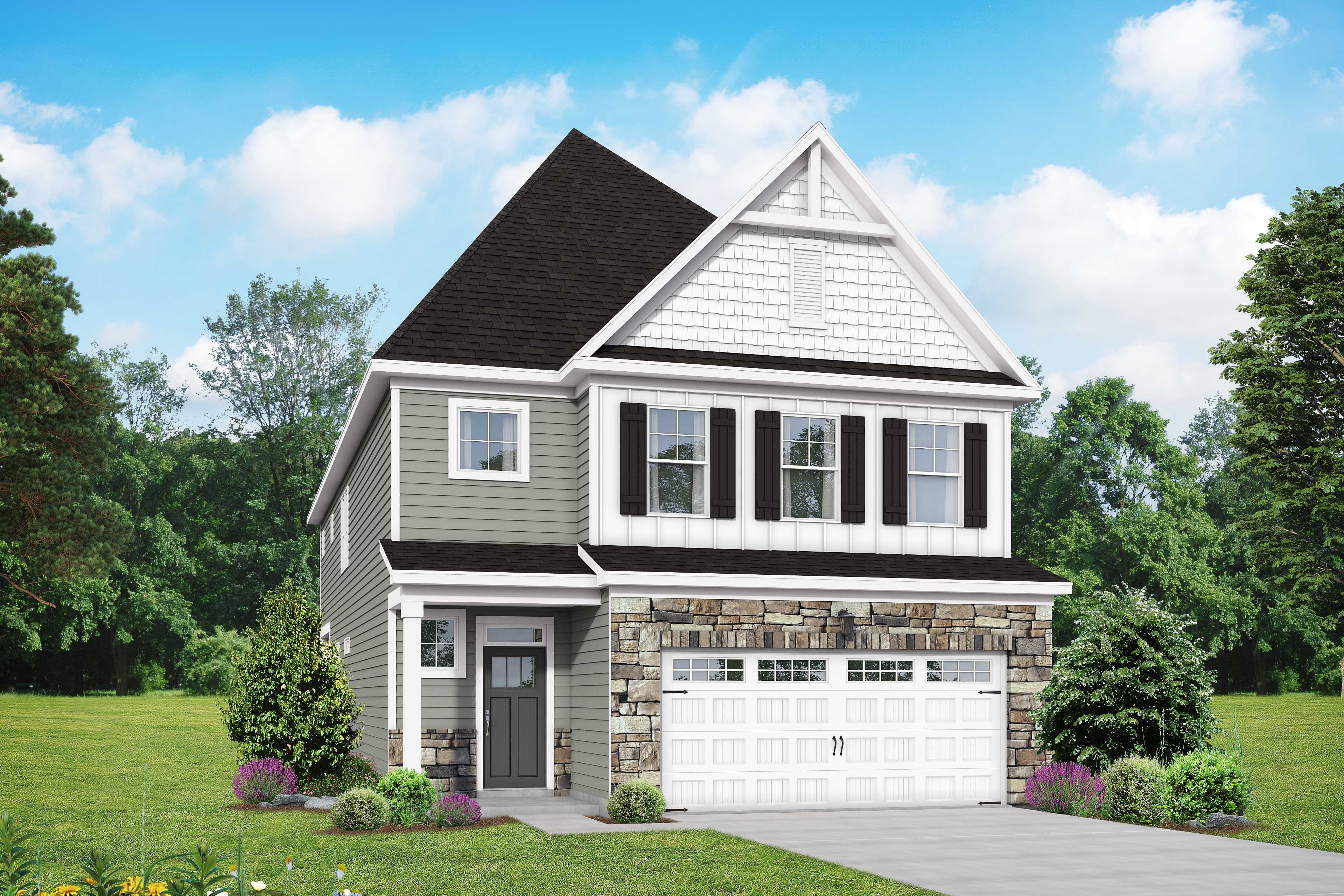 Modern two-story Preston C home elevation with gray siding, stone base, white trim, and two-car garage amid green lawn and shrubs