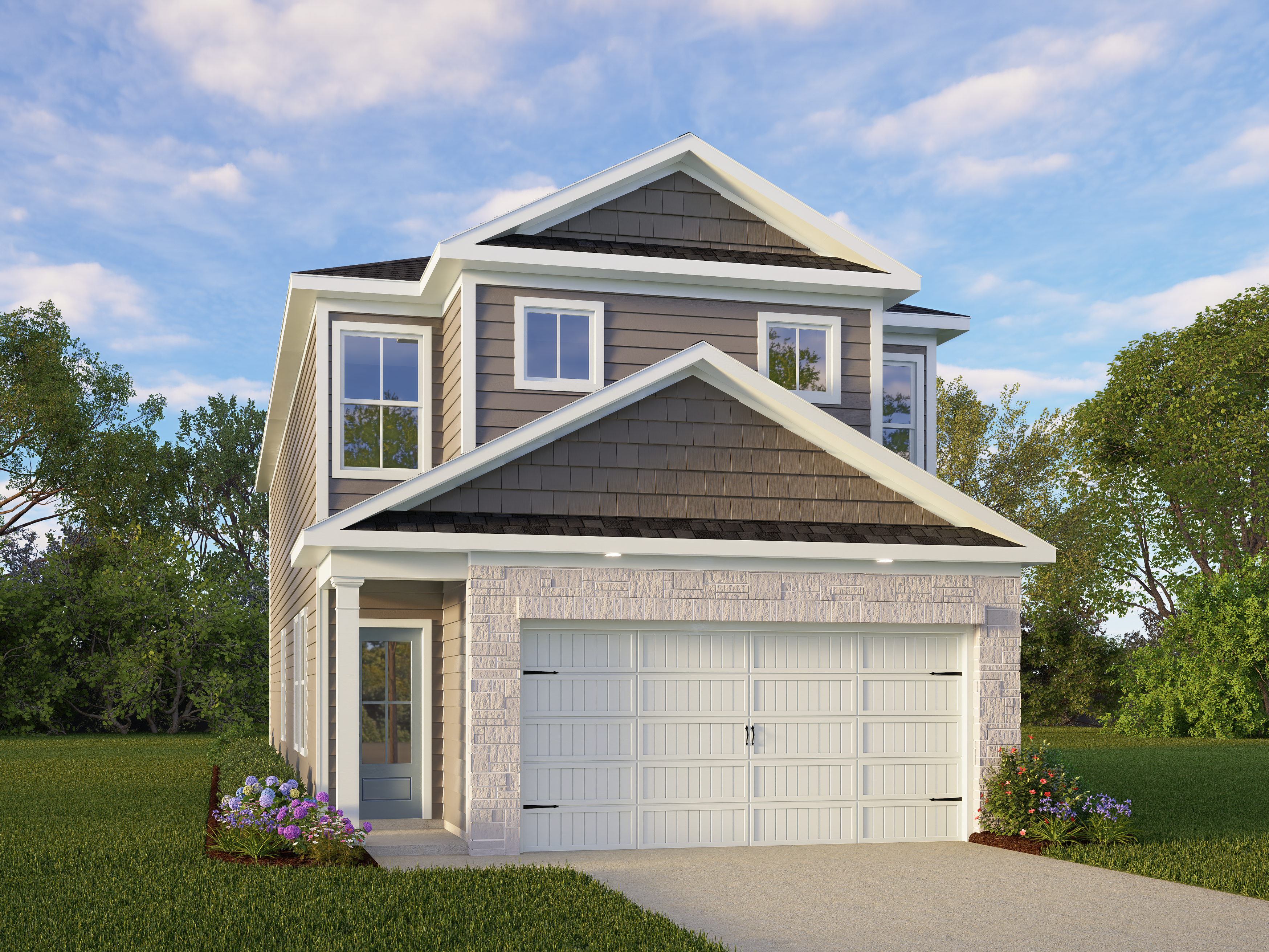 Two-story Charlotte B home by Davidson Homes in Meadows at Oak Creek, San Antonio, Texas, with brick base, 2-car garage, and lush landscaping