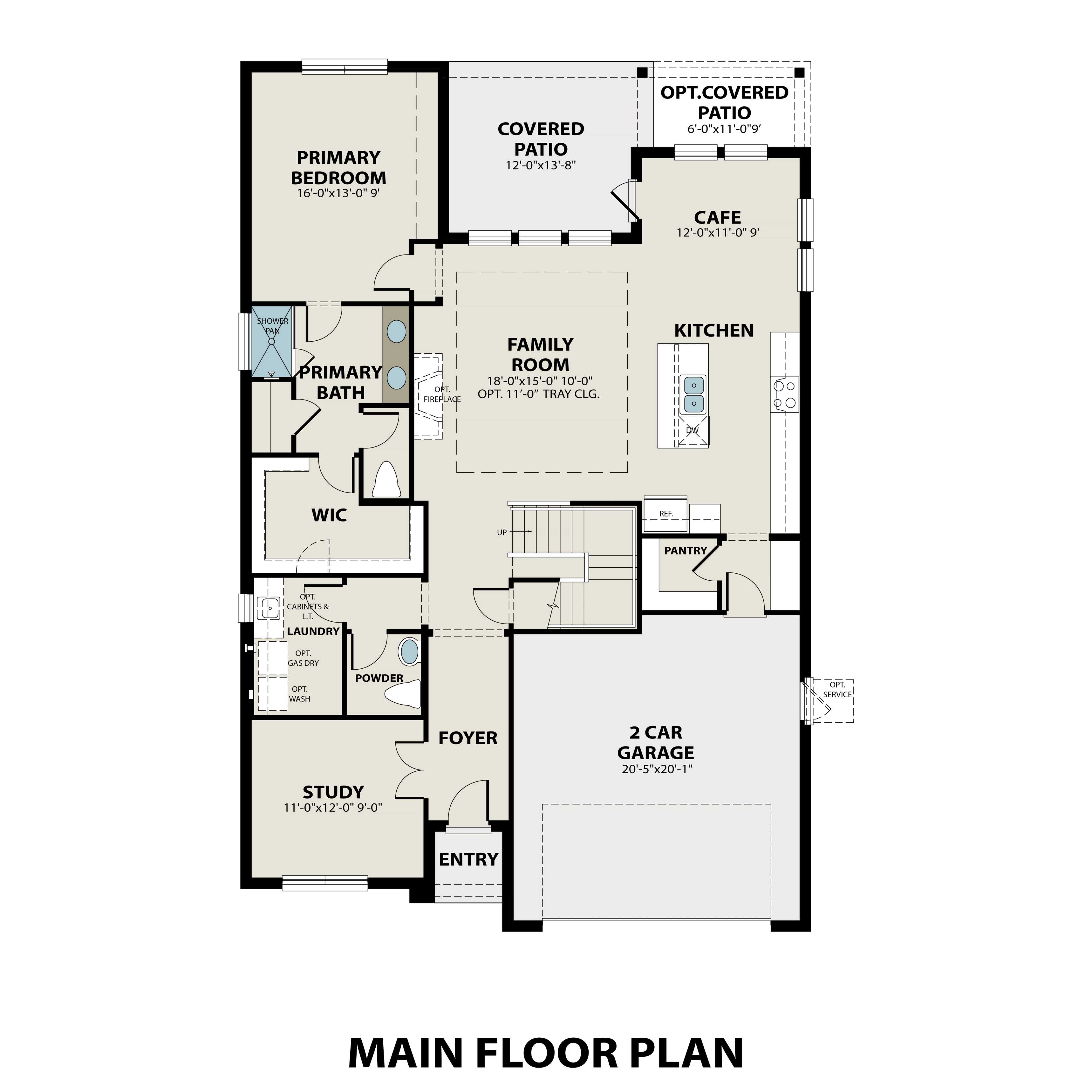 The Sequoia first floor plan by Davidson Homes: primary suite, open family room, kitchen, cafe, 2-car garage, covered patio