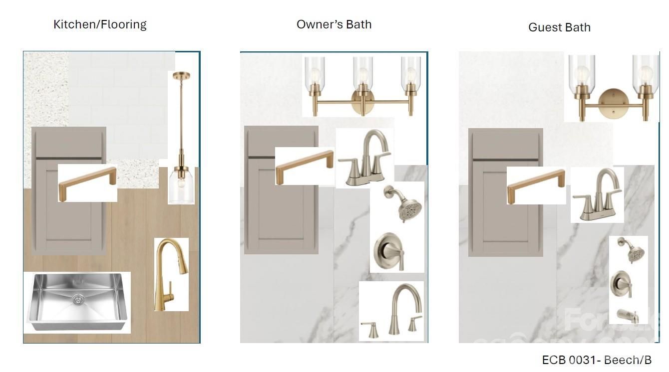 Kitchen flooring with wood planks and quartz, owner's bath nickel faucets and marble, guest bath sconces for The Beech B plan in Belmont, NC