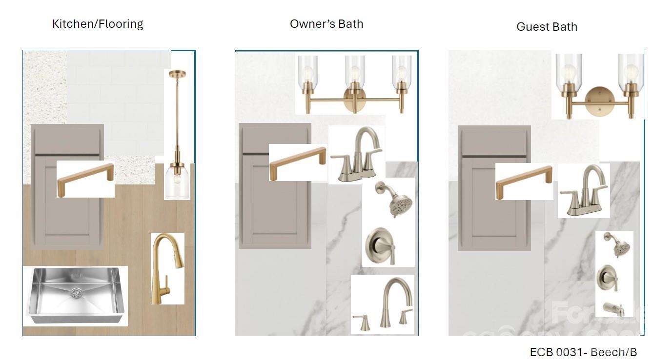 Kitchen flooring with wood planks and quartz, owner's bath nickel faucets and marble, guest bath sconces for The Beech B plan in Belmont, NC