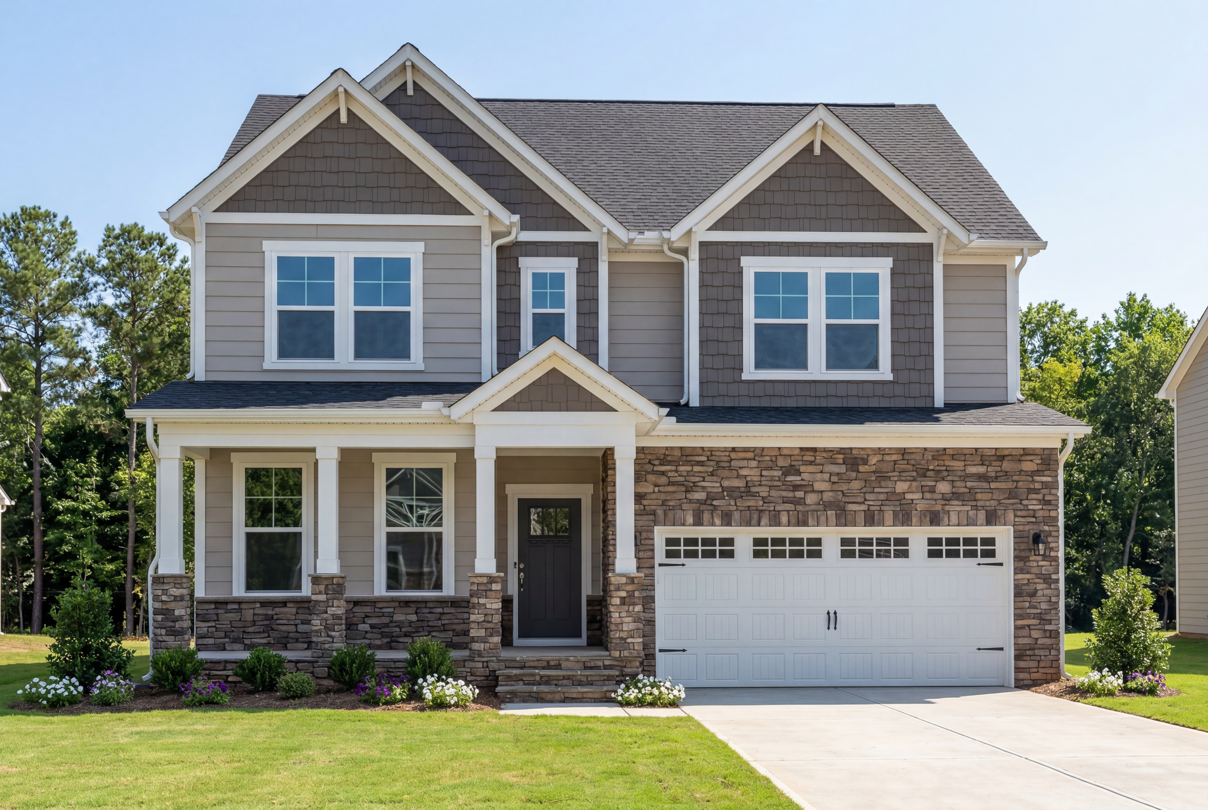 Two-story Chestnut D craftsman home exterior with gray siding, stone accents, covered porch, and two-car garage amid lush landscaping