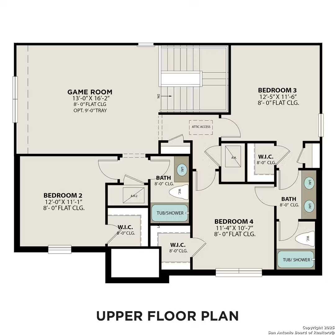 Upper floor plan of The Sequoia A featuring 3 bedrooms, 2 baths, walk-in closets in Bricewood, San Antonio, Texas