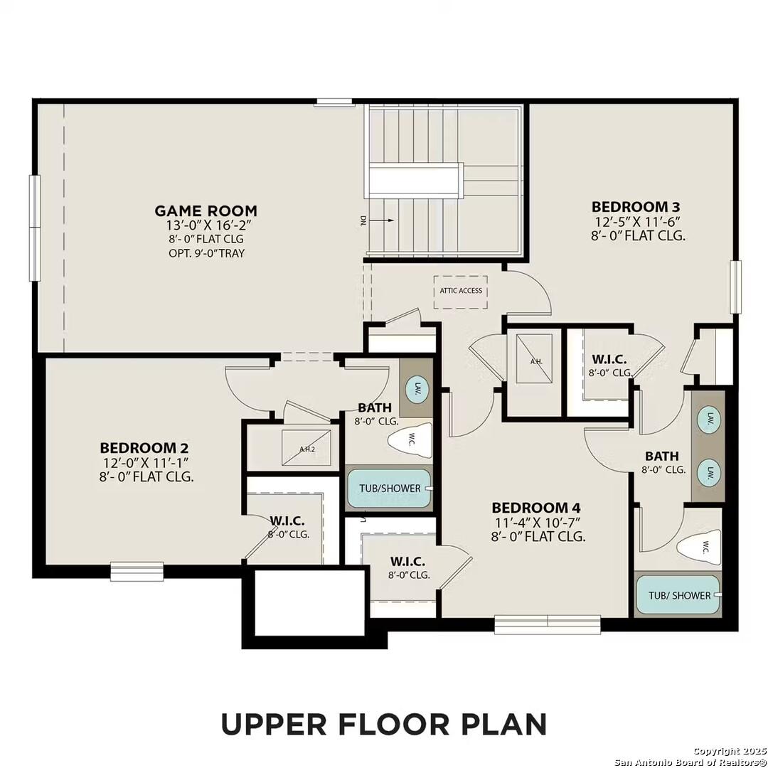 Upper floor plan of The Sequoia A featuring 3 bedrooms, 2 baths, walk-in closets in Bricewood, San Antonio, Texas