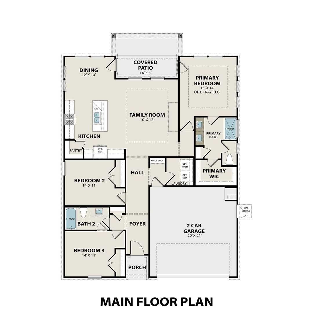 Main floor plan of Davidson Homes The Redbud B: 3-bed, 2-bath, 1,428 sq ft 1-story home with open kitchen, family room, and 2-car garage in Josephine, TX