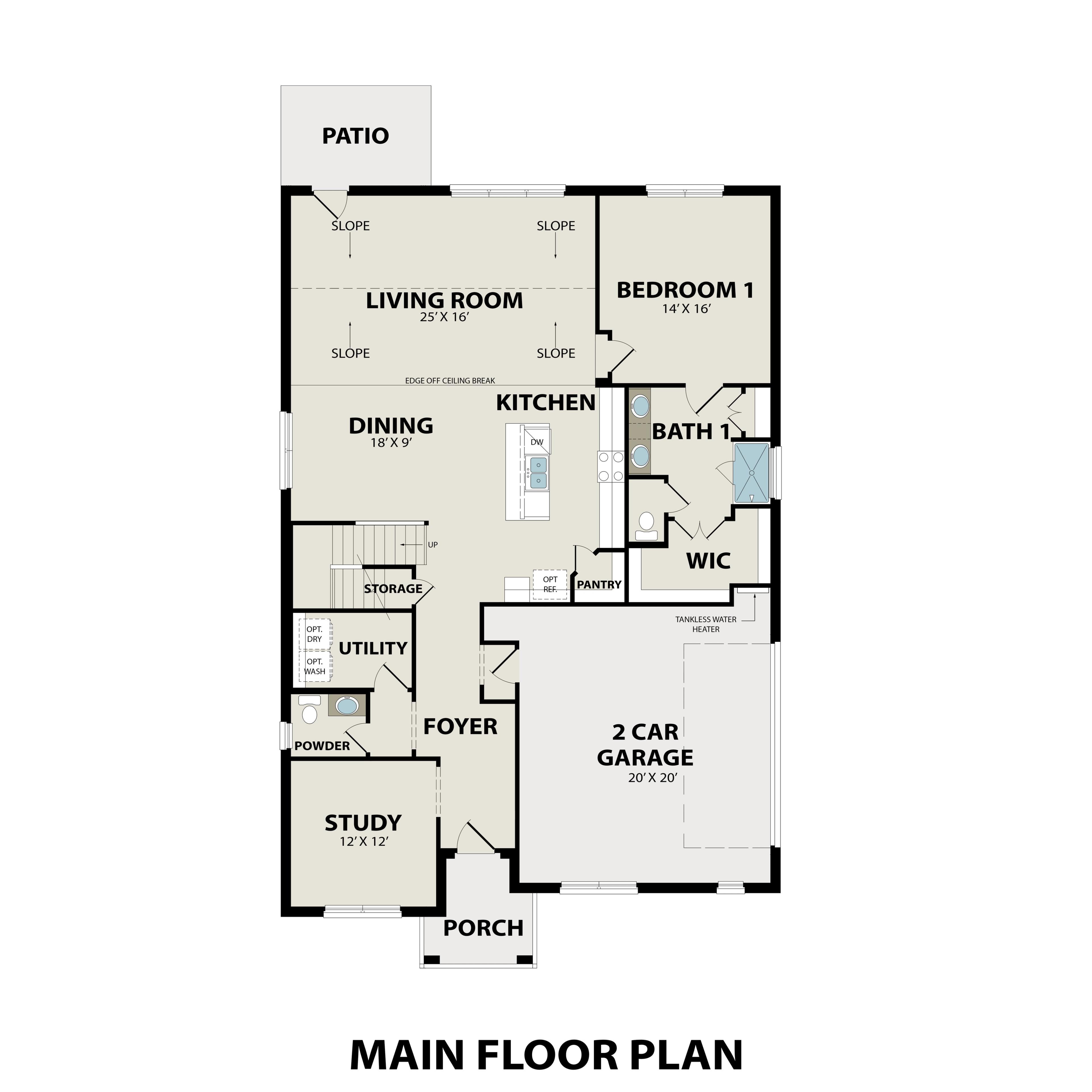 Main floor plan of Ridgeport E by Davidson Homes: master suite, open kitchen, living room, study, 2-car garage, Mt. Juliet TN
