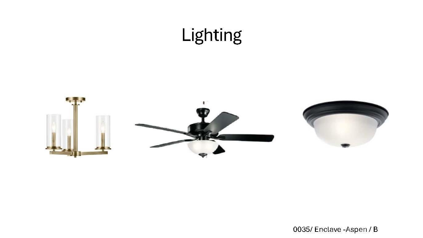 Lighting fixtures in Davidson Homes Aspen B: brass chandelier, black ceiling fan with light, and flush mount in Enclave at Belmont, NC