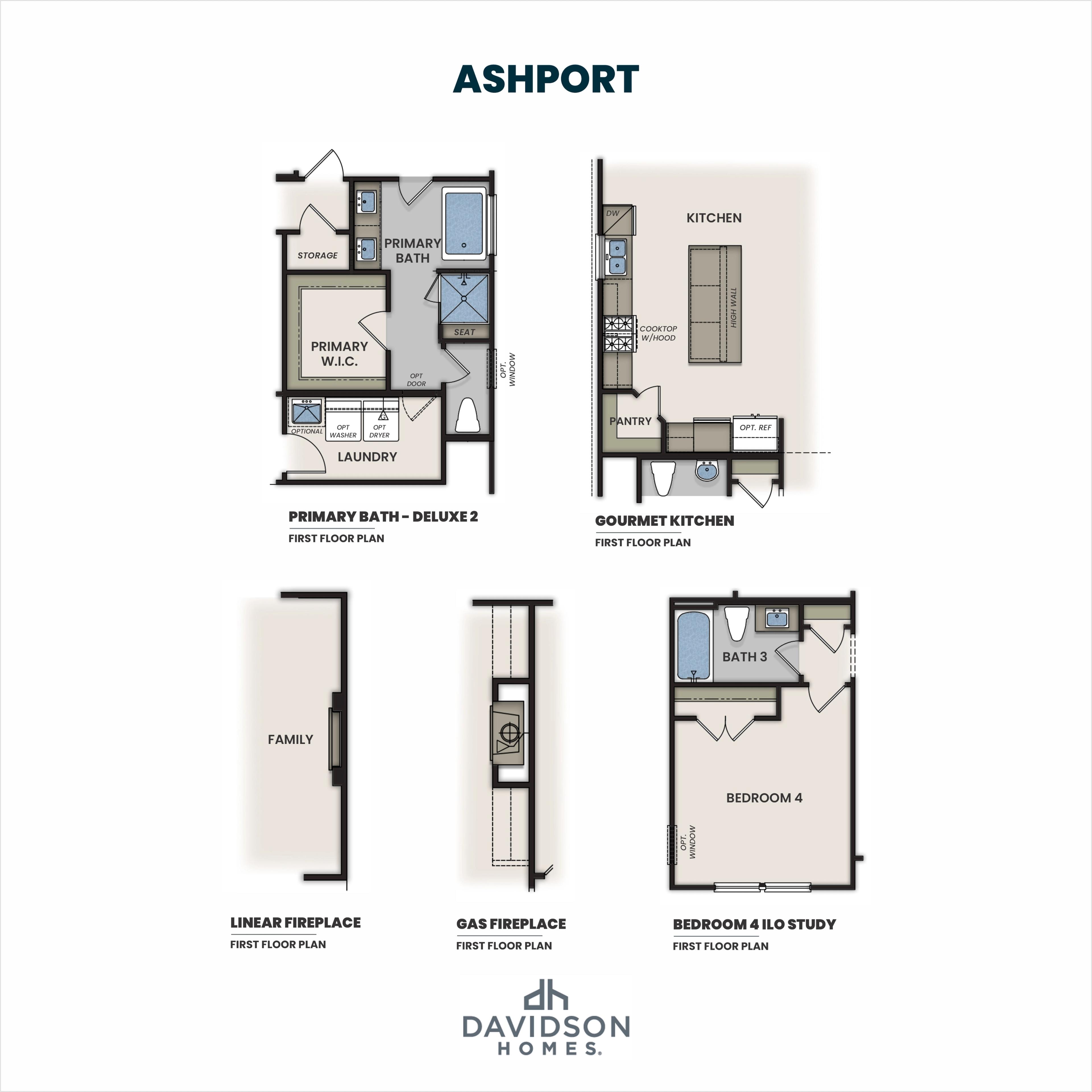 Ashport first floor plan options: primary bath detail, gourmet kitchen, linear fireplace by Davidson Homes