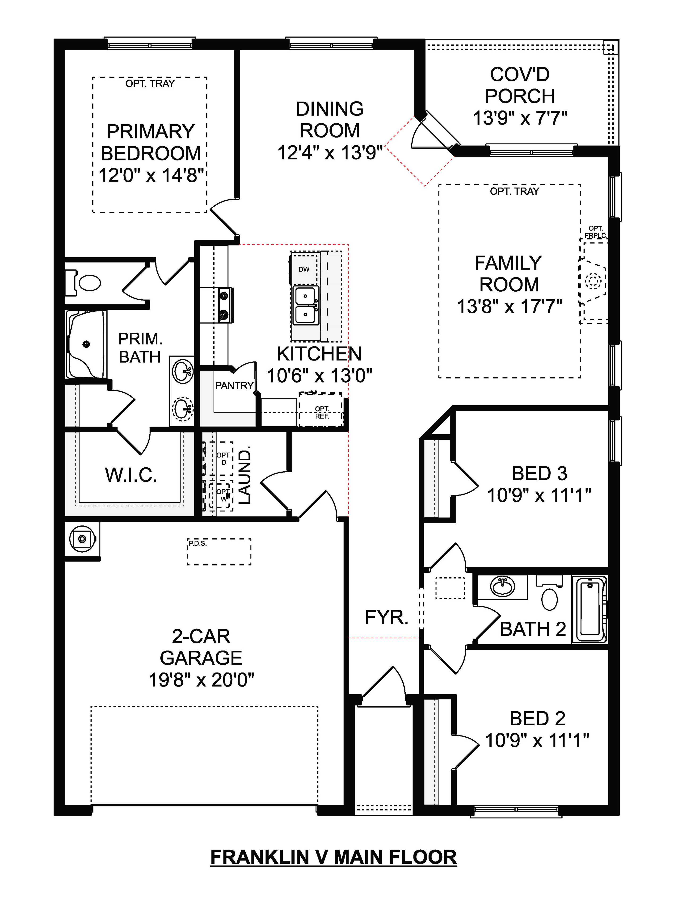 Spacious first-floor plan of The Franklin V showcasing 3 bedrooms, open kitchen-family room, master suite, 2 baths, 2-car garage