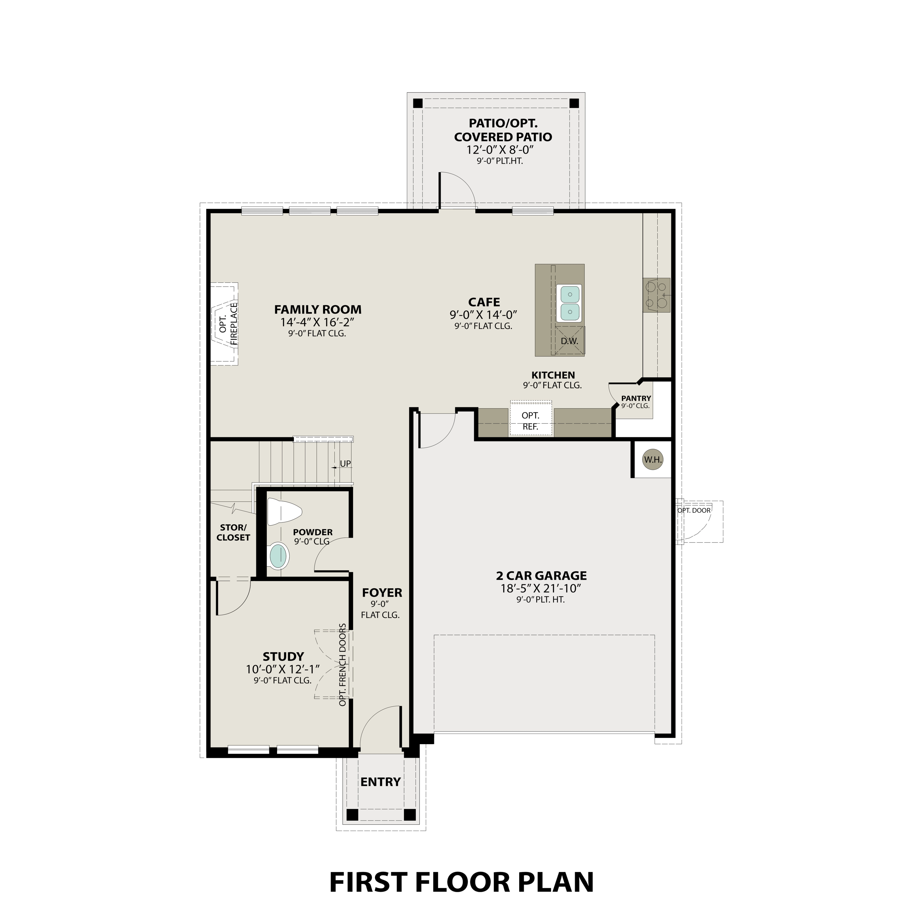 First floor plan of The Logan B featuring open family room, kitchen, cafe, study, powder room, and 2-car garage