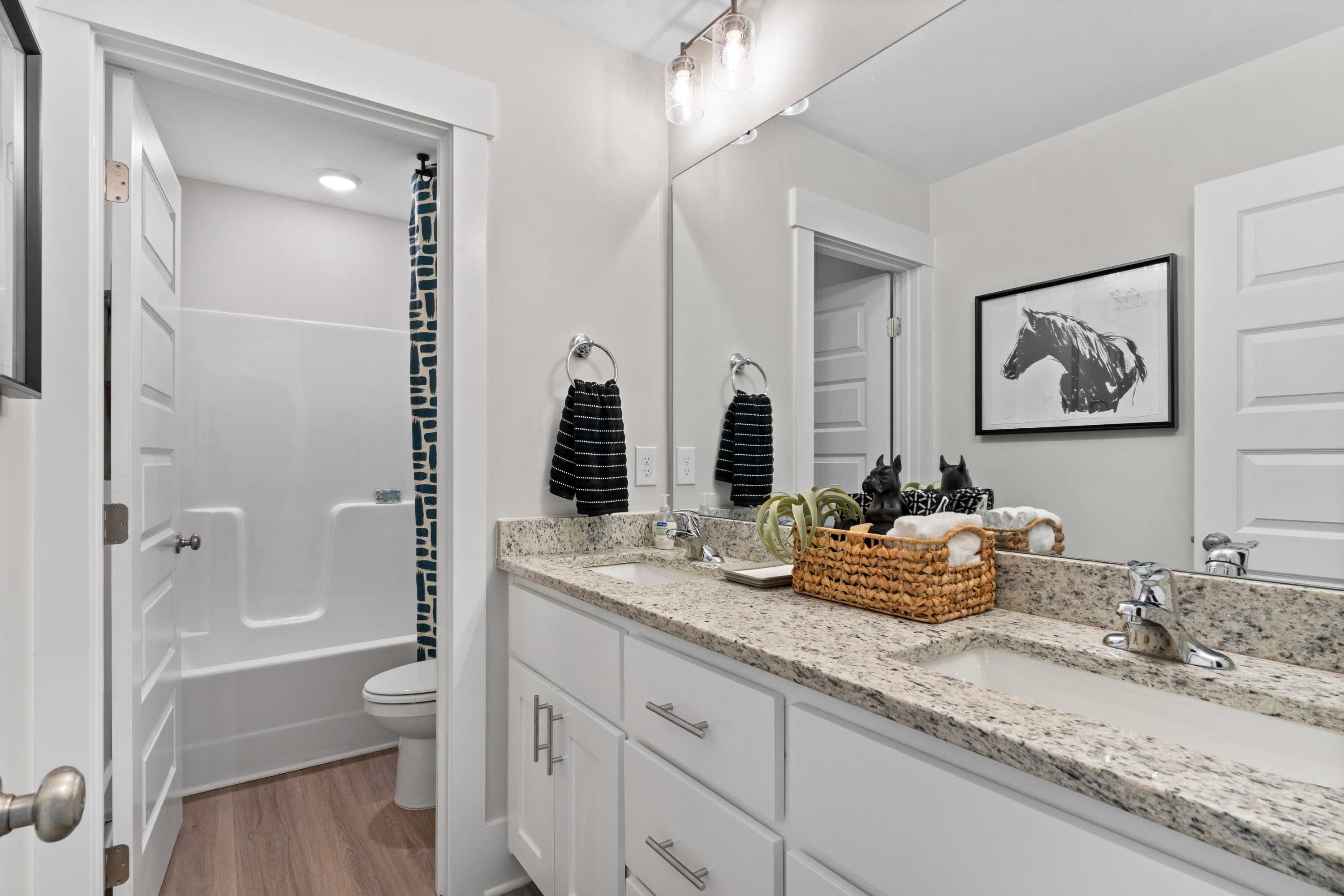 Contemporary bathroom in The Chelsea B with white shaker vanity, quartz countertop sink, tub shower combo, and black horse artwork