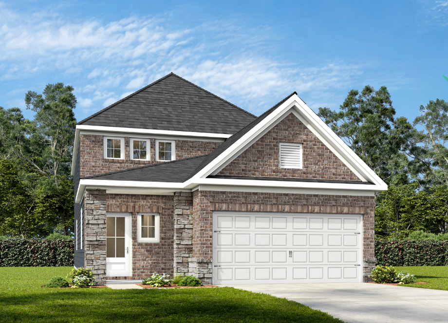 The Summit H 2-story home design by Davidson Homes featuring a brick and shingle exterior with a 2-car garage.