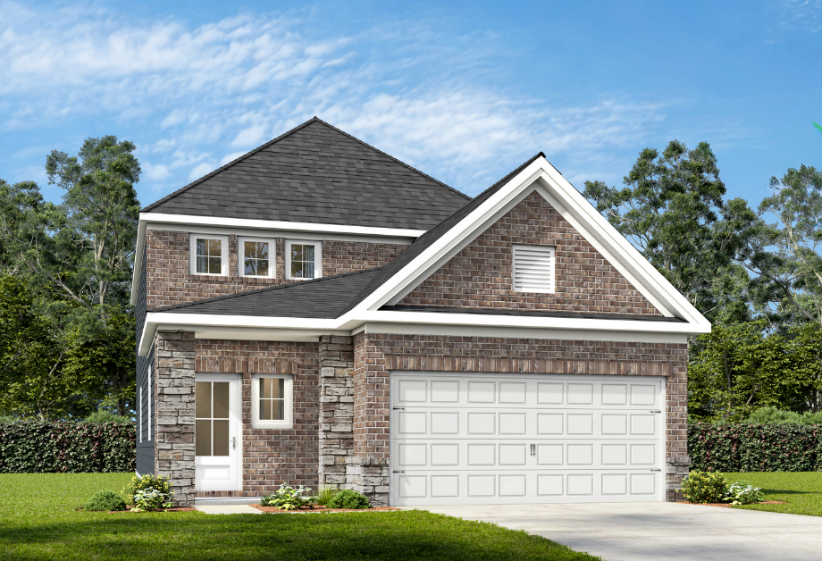 The Summit H 2-story home design by Davidson Homes featuring a brick and shingle exterior with a 2-car garage.