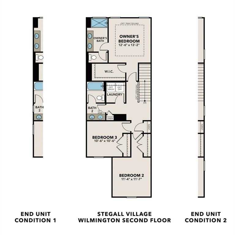 Second-floor layout of Wilmington B plan: owner's 12x12 suite with bath and WIC, bedroom 2, full bath, laundry in Stegall Village, Emerson, GA
