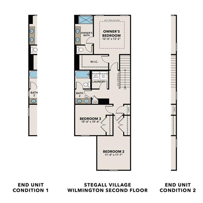 Second-floor floor plan of The Wilmington B: owner's suite, bedroom 2, baths, laundry in Stegall Village, Emerson, Georgia