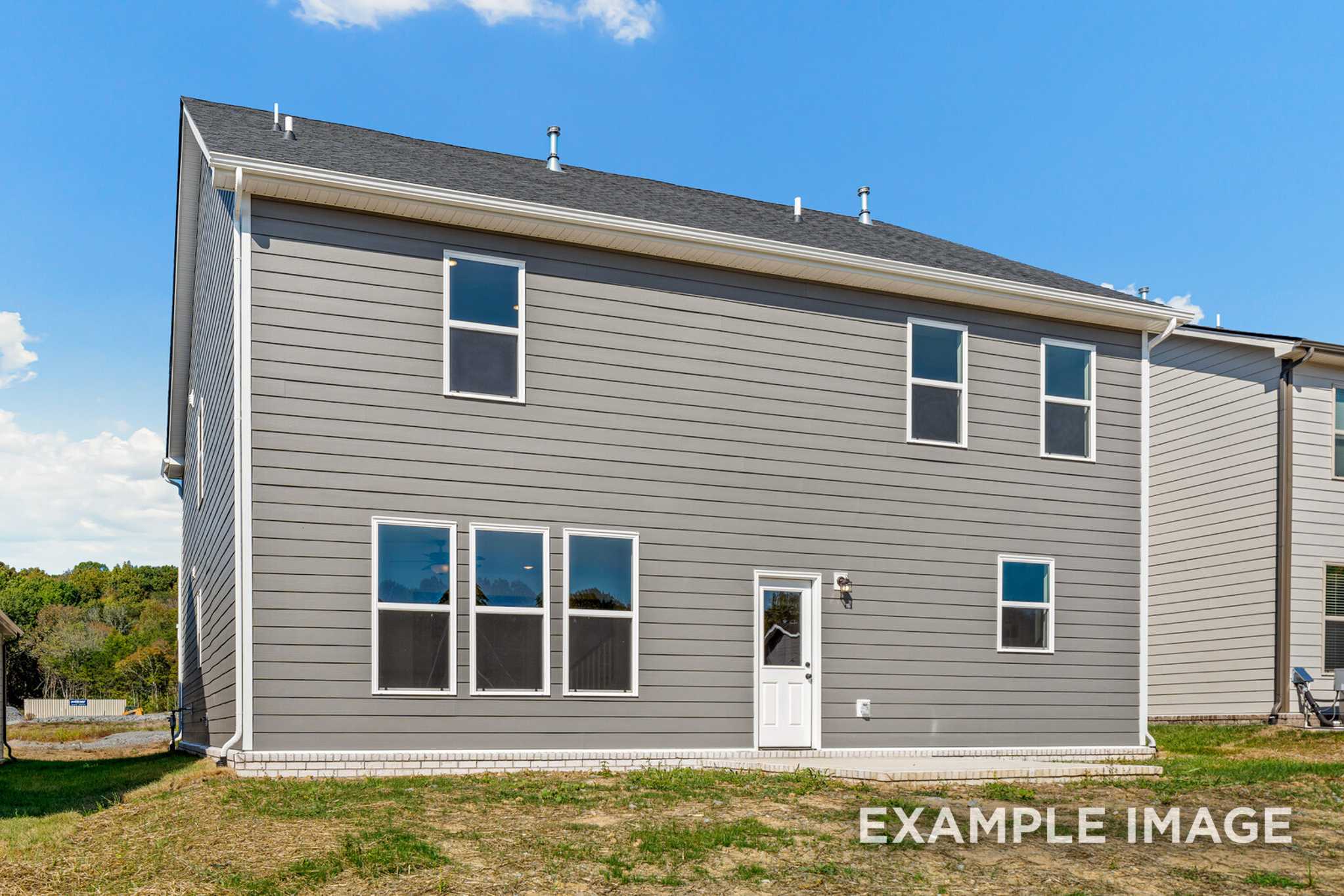 Rear elevation of The Henry C two-story home featuring gray siding, multiple windows, white back door, and grassy yard in Mt. Juliet
