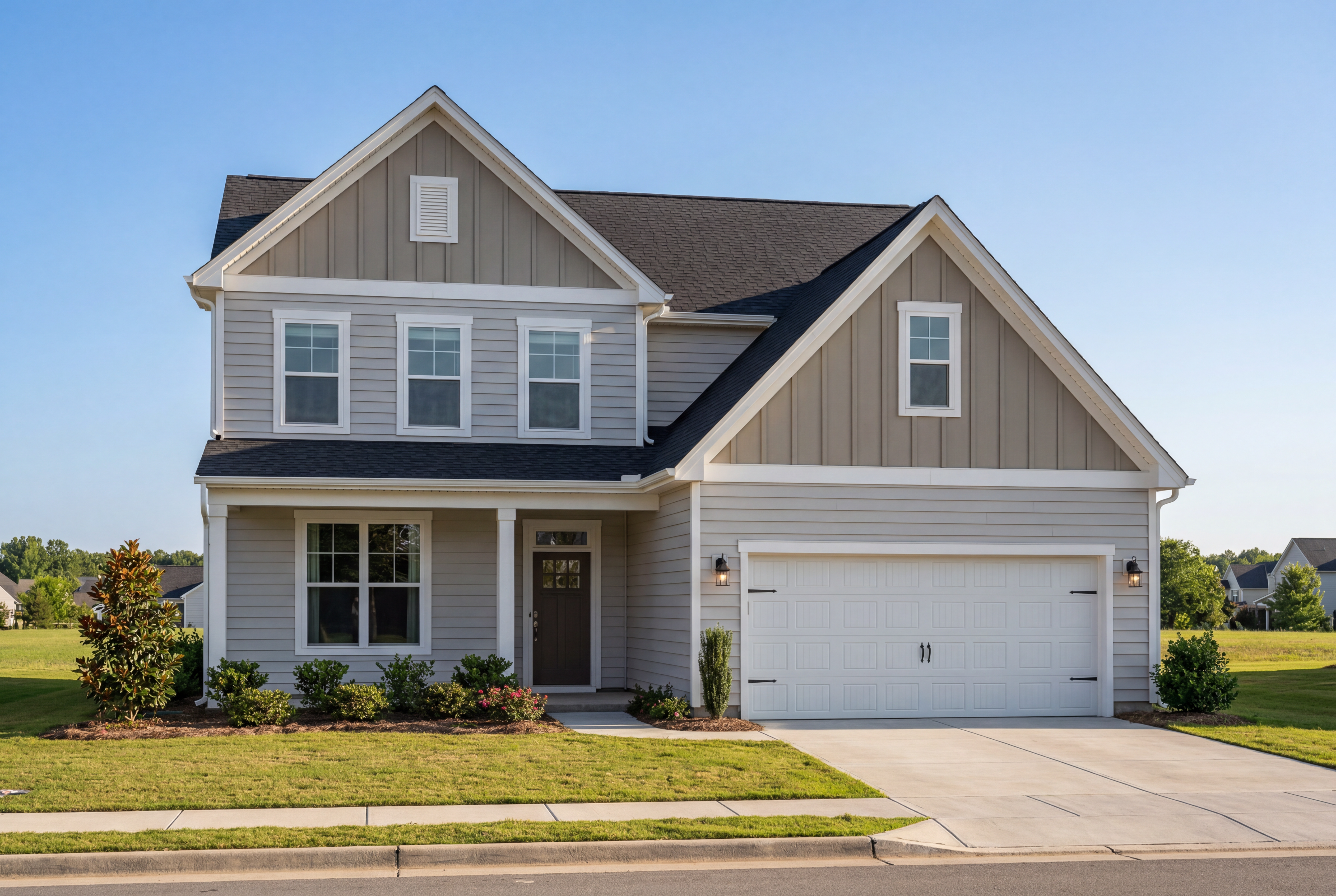 Two-story The Ash home elevation by Davidson Homes featuring gray siding, covered porch, and two-car garage in Lillington NC