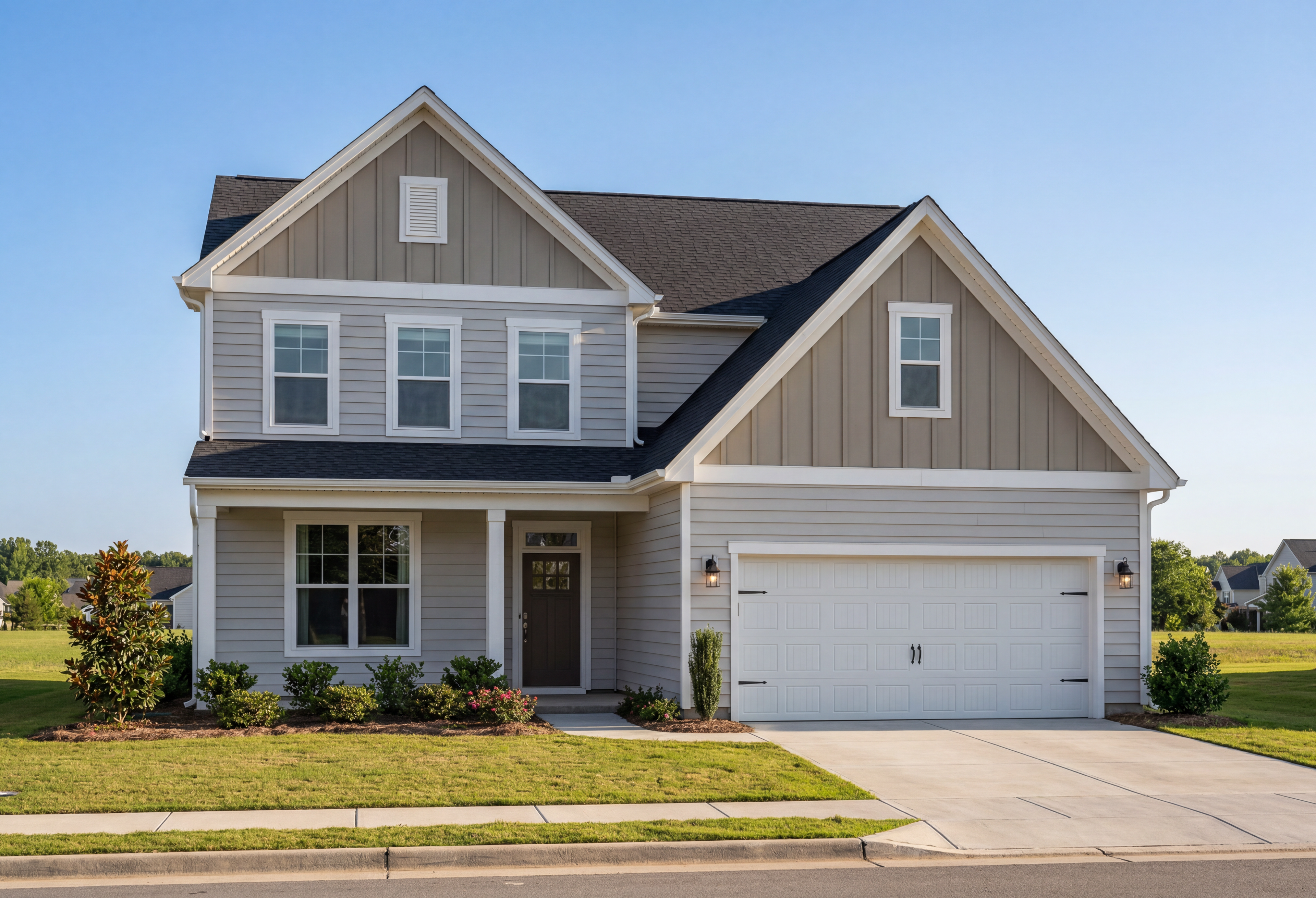 Two-story The Ash home elevation by Davidson Homes featuring gray siding, covered porch, and two-car garage in Lillington NC