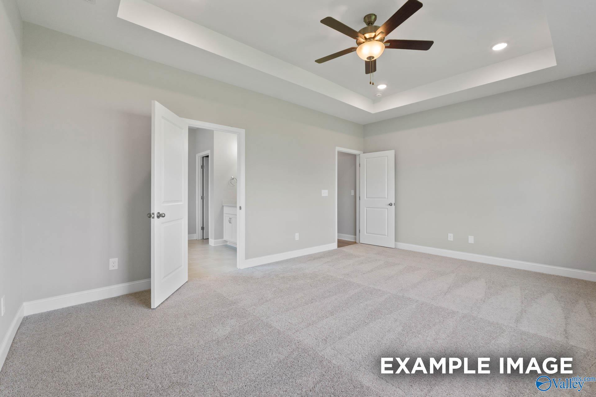 Spacious master bedroom with ceiling fan, tray ceiling, en-suite bath doors in gray tones, Davidson Homes Montgomery B, Hartselle AL