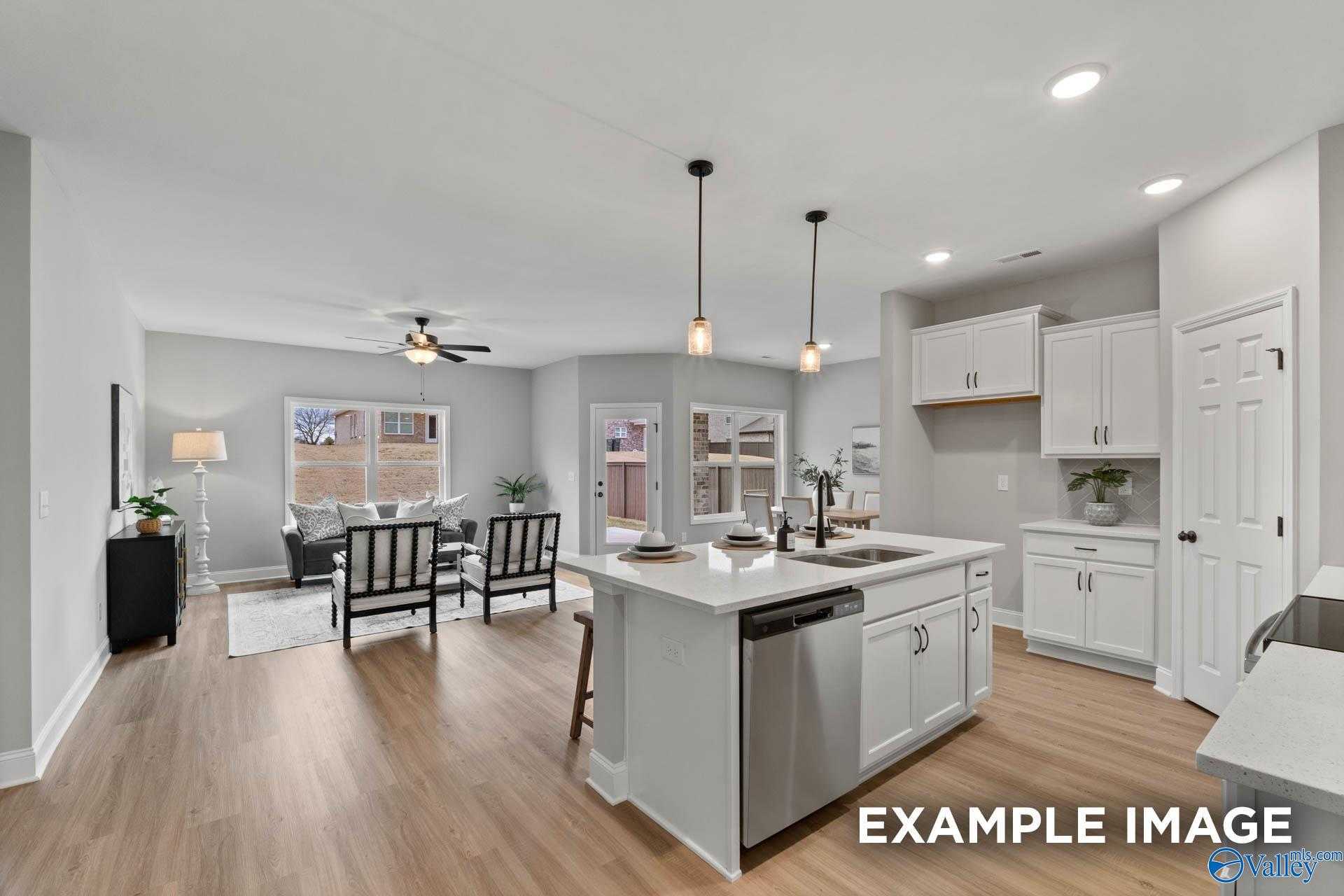 Open-concept kitchen and living room in The Daphne C floor plan by Davidson Homes, featuring white island, stainless appliances, hardwood floors, Owens Cross Roads