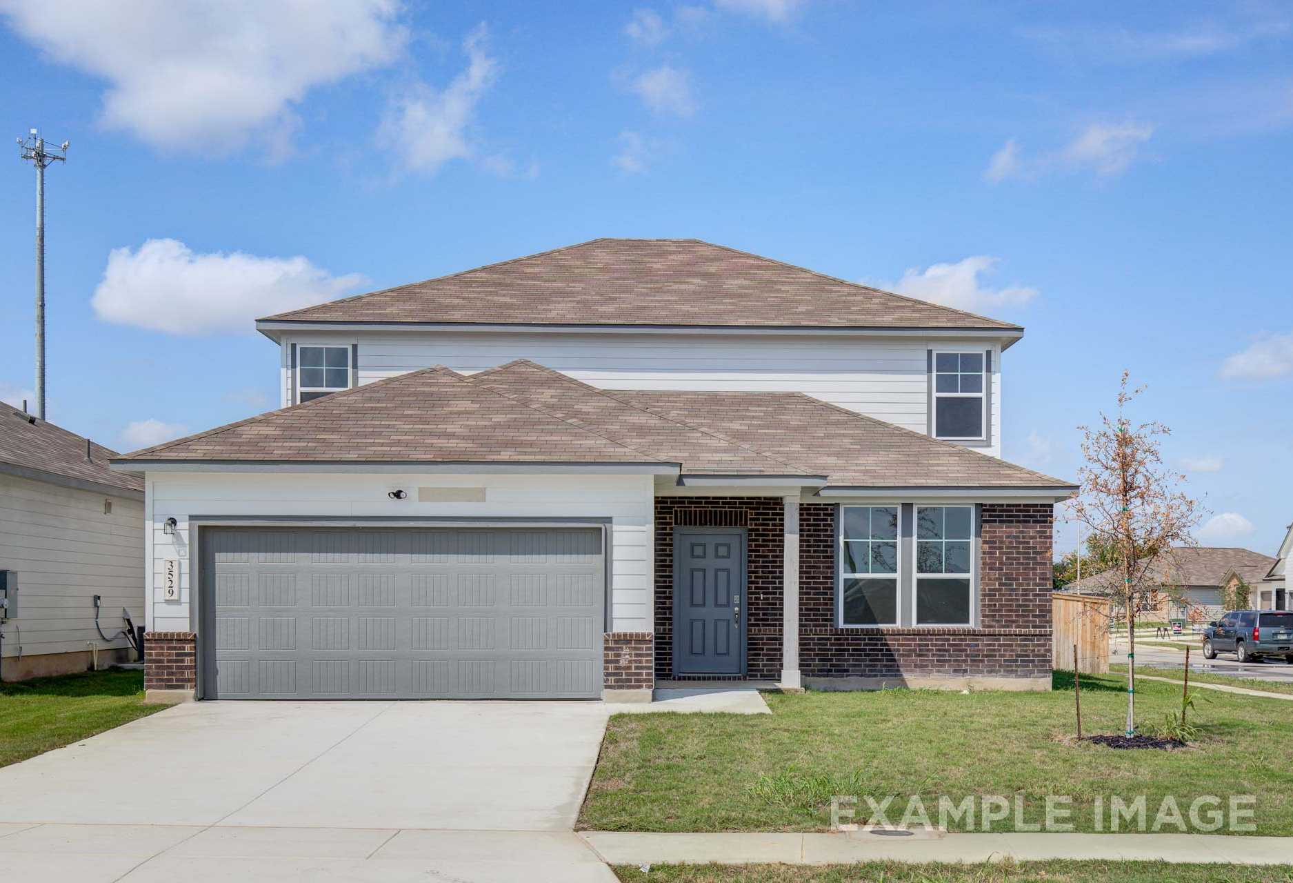 Two-story The Douglas B home elevation with white siding, brick accents, gray 2-car garage, and covered front porch in San Antonio
