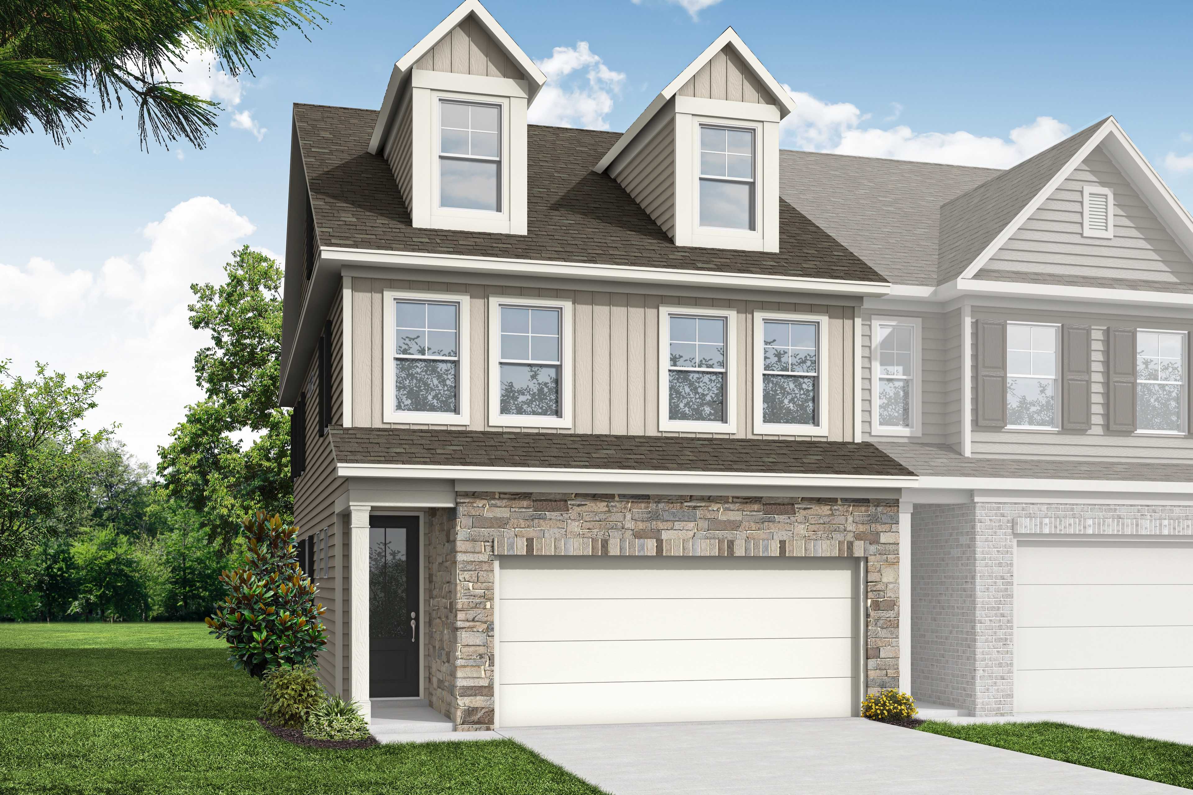 Two-story multi-family home elevation of The Durham G with stone accents, beige siding, gabled roof, and 2-car garage in Cumming, GA